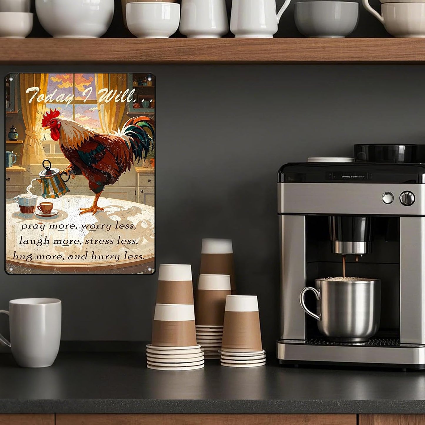 Chicken Sign Rooster Kitchen Decor Today I Will Pry More Worry Less Metal Sign Poster 12x16 Inch Home Kitchen Offce Cafe Coffee Are Farm Wall Decor