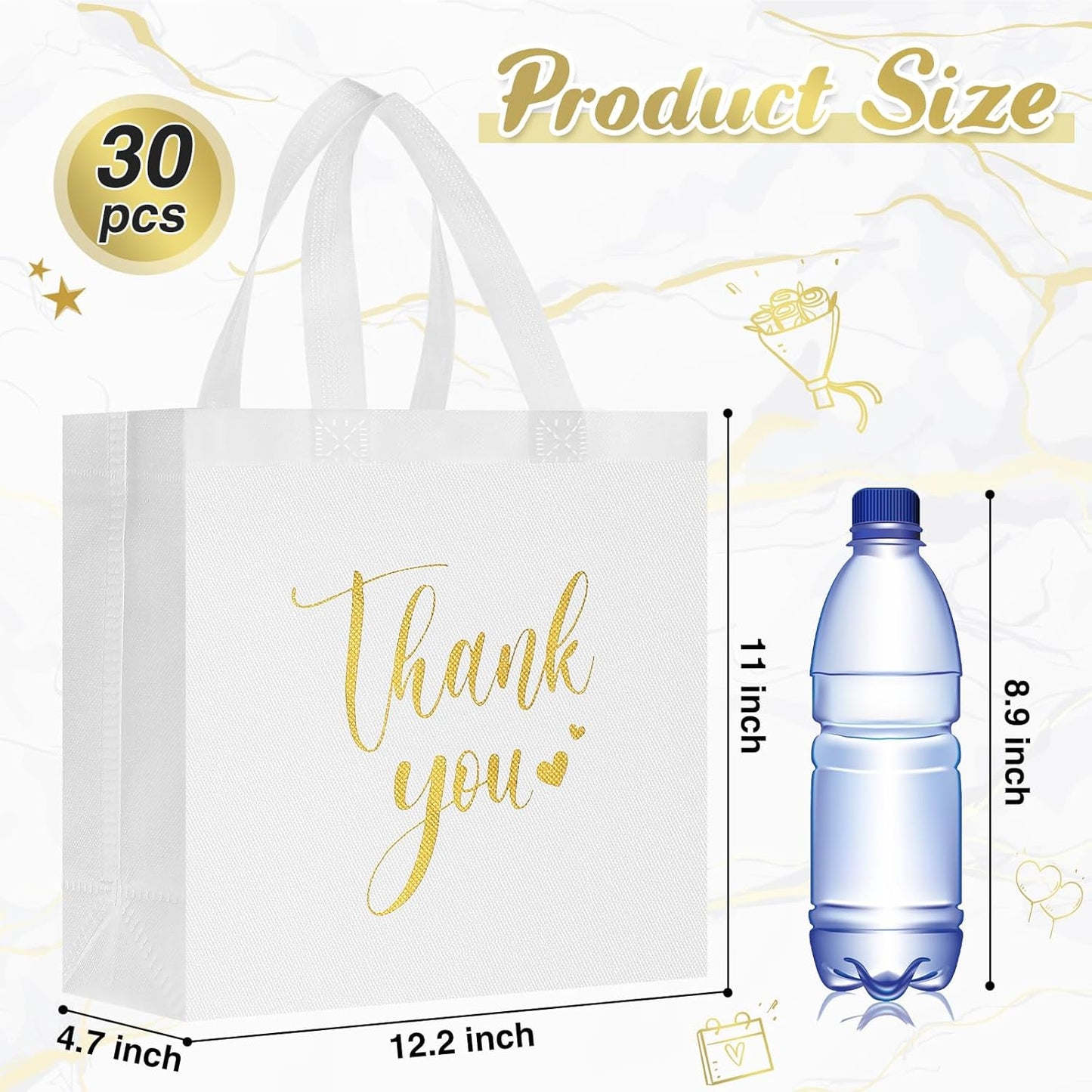 Sweetude 30 Pcs Thank You Gift Bags with Handles Bulk Reusable Goodie Bag Non Woven Foldable Handbag for Graduation Wedding Bridesmaid Gifts(11 x 12 x 5 Inch,White)
