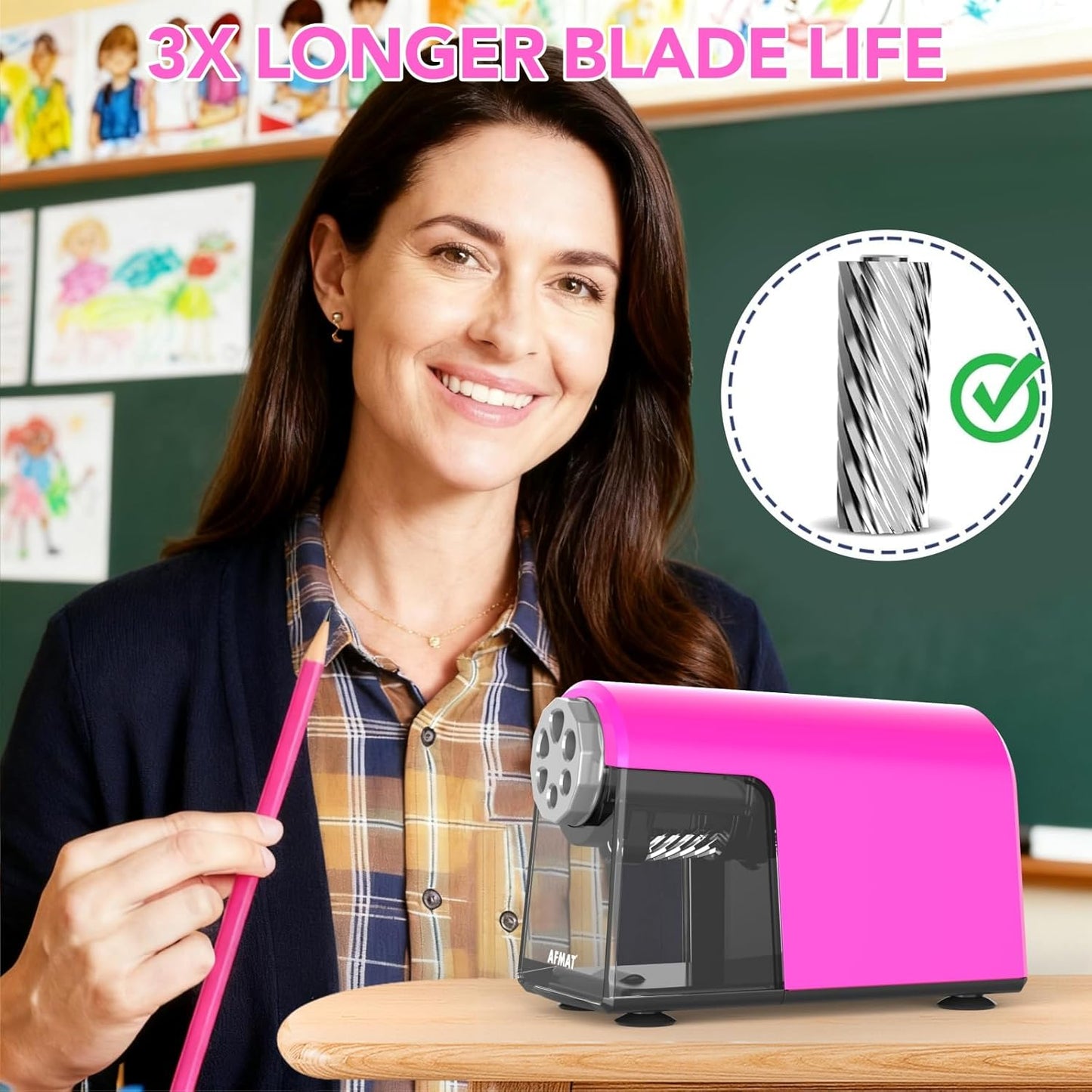 AFMAT PSD2 Electric Pencil Sharpener Heavy Duty, 6 Holes, Cordless & Rechargeable, Fast Sharpen, Auto Stop, 10K+ Uses, Classroom Pencil Sharpener for 6-11mm No.2/Large/Colored Pencils, Pink