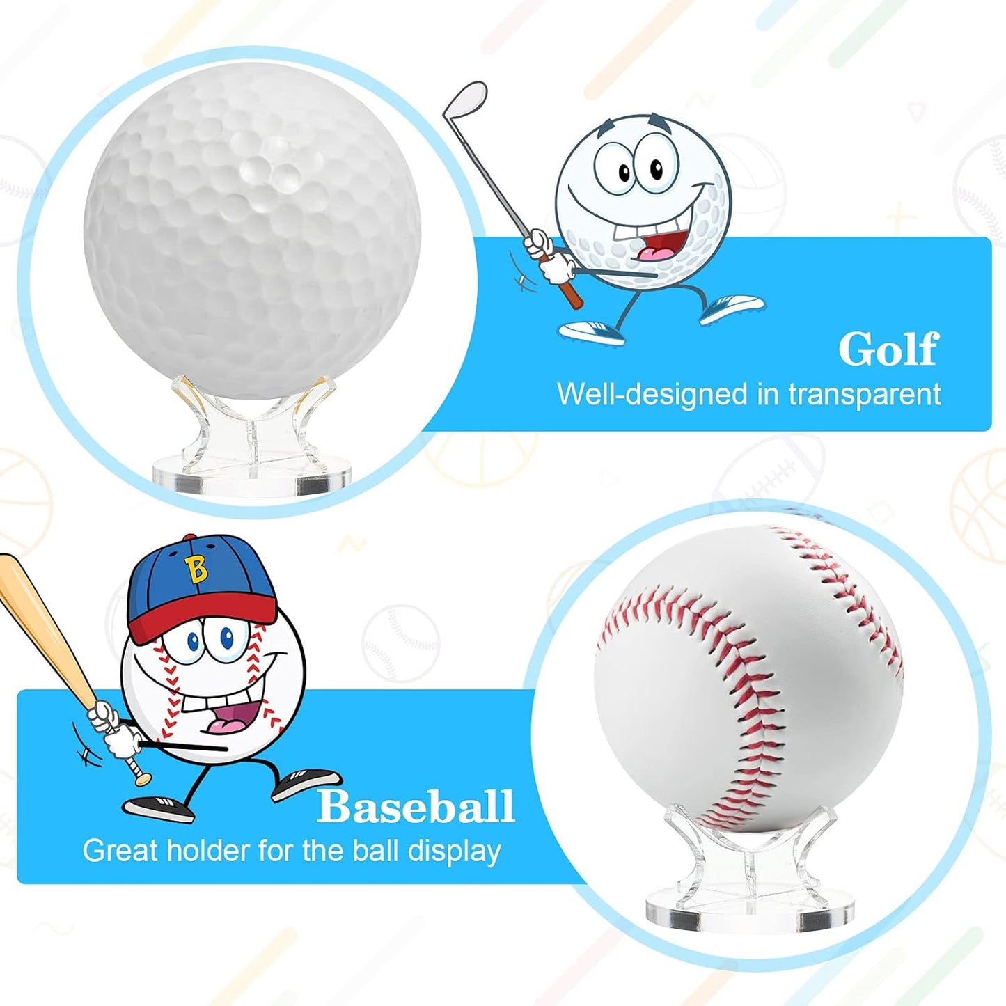 3 Pieces Acrylic Small Ball Stand Holder Sport Ball Display Rack Baseball Display Stand with 3 Pieces Non-Slip Rubber Pads for Baseball Golf Softball Tennis Spheres