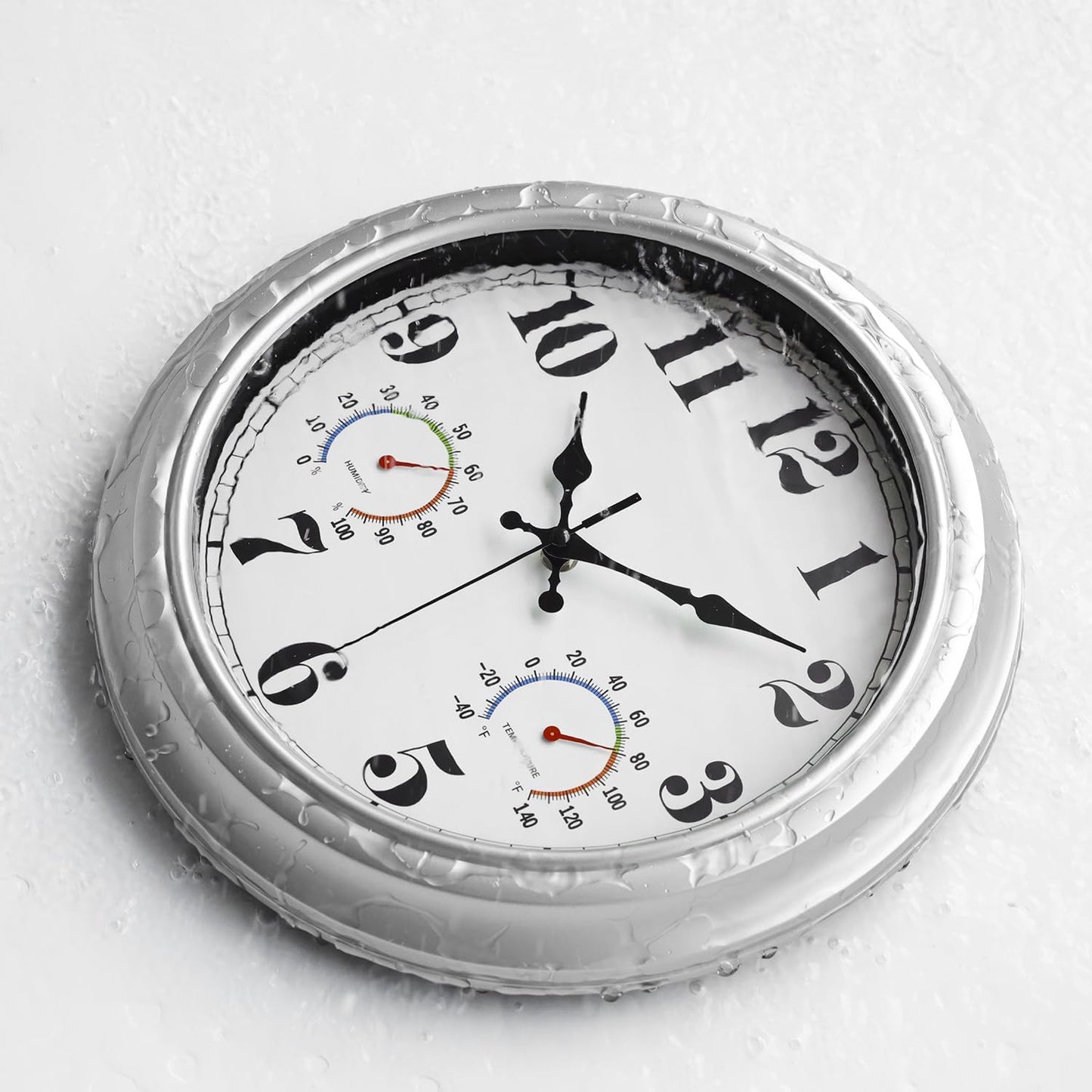 JENLYSTIME 13 Inch Outdoor Clock, Waterproof and Silent, with Thermometer and Hygrometer, Large Numbers for Easy Reading, Perfect for Home,Office,Bedroom,Kitchen,Porch,Garden,Pool(Silver)