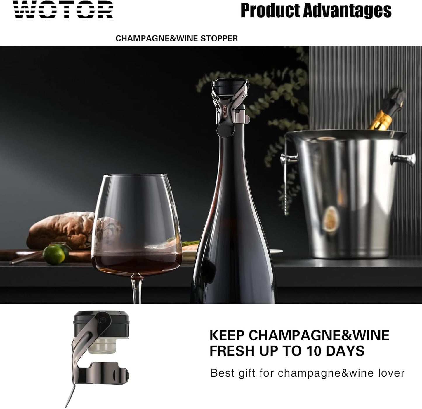 WOTOR Champagne&Wine Bottle Stoppers Stainless Steel with Food Grade Silicone, Leak Proof Keep Fresh Reusable Saver, Cork Suitable for Wine, Champagne, Cava, Prosecco and Sparkling (8 Pack Black）