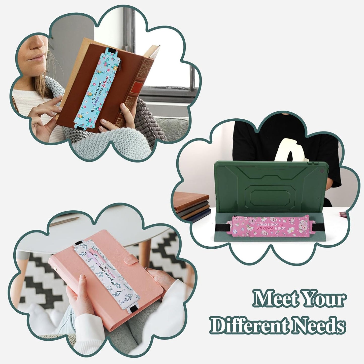 MoKo Elastic Pen Holder for Notebook, 4 Pieces PU Leather Pencil Case with Pocket Adjustable Band, Stationery School Supplies Zipper Bag for Planners, Journals, Book