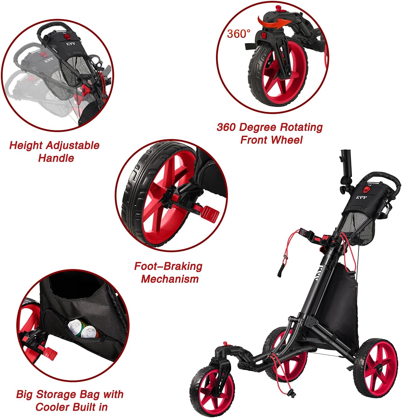 KVV 3 Wheel 360 Rotating Front Wheel Golf Push Cart Open and Close in ONE Second-Free Umbrella Holder Included