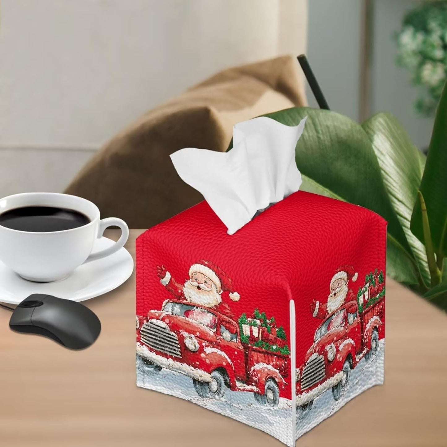 Christmas Tissue Box Cover Red Truck Tissue Box Holder Square Xmas Holiday Cute Tissue Box Modern Home Decor for Car Office Table Desk Kids Room