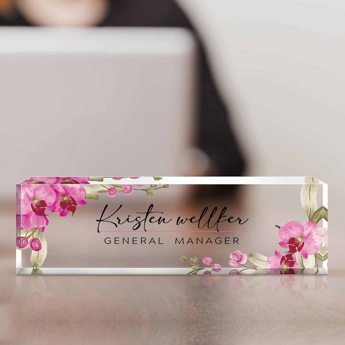 Personalized Name Plate for Desk Custom Acrylic Desk Name Plate Custom Employee Appreciation Gifts Office Gifts for Women, Men, Boss, Coworkers, Teacher, Nurse (Butterfly Orchid)