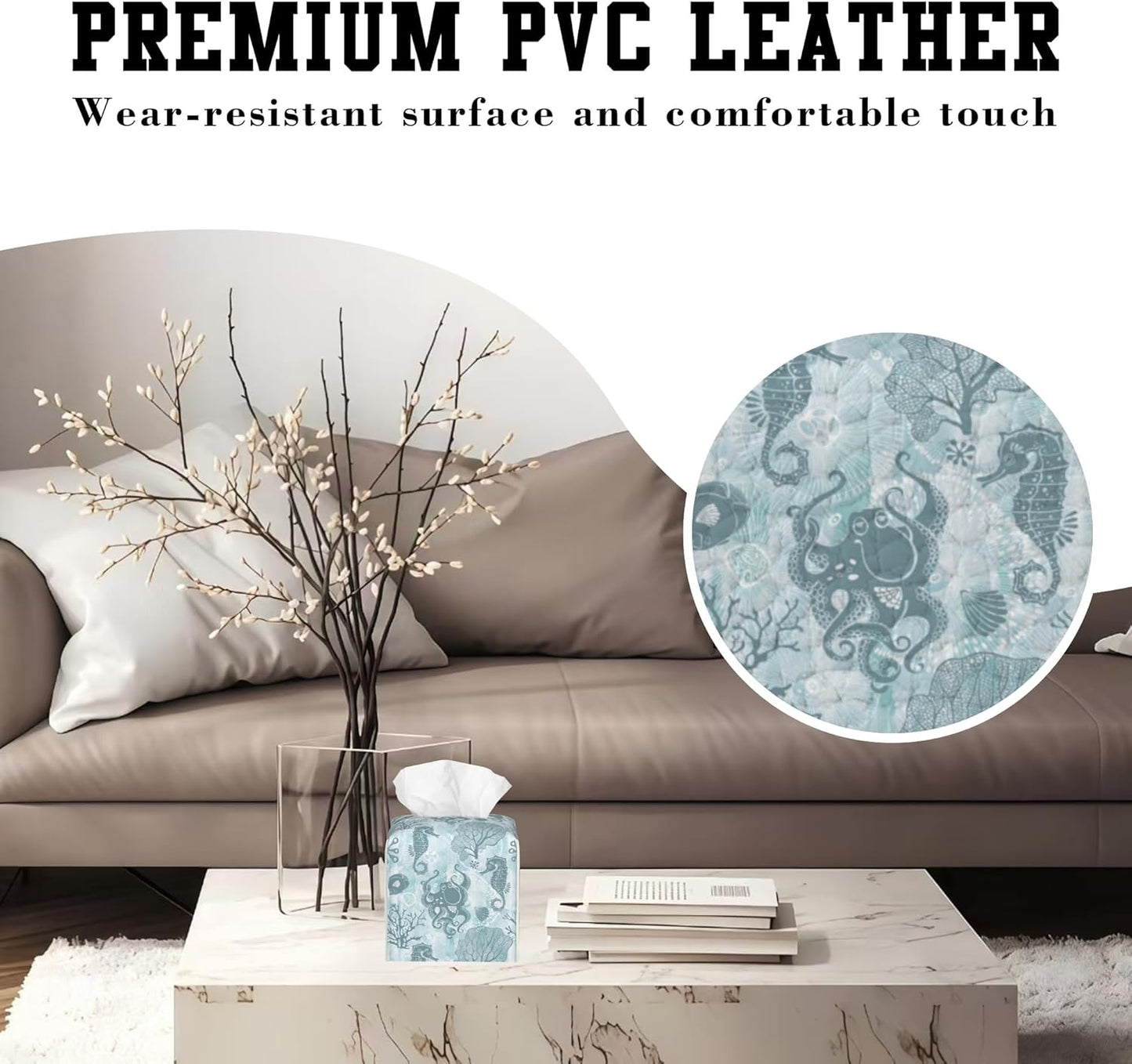 Sea Creatures and Plants Tissue Box Cover Square, Octopus Tissue Box Holder Leather Facial Paper Case Decorative Organizer Holder Dispenser Home Office Car Decor