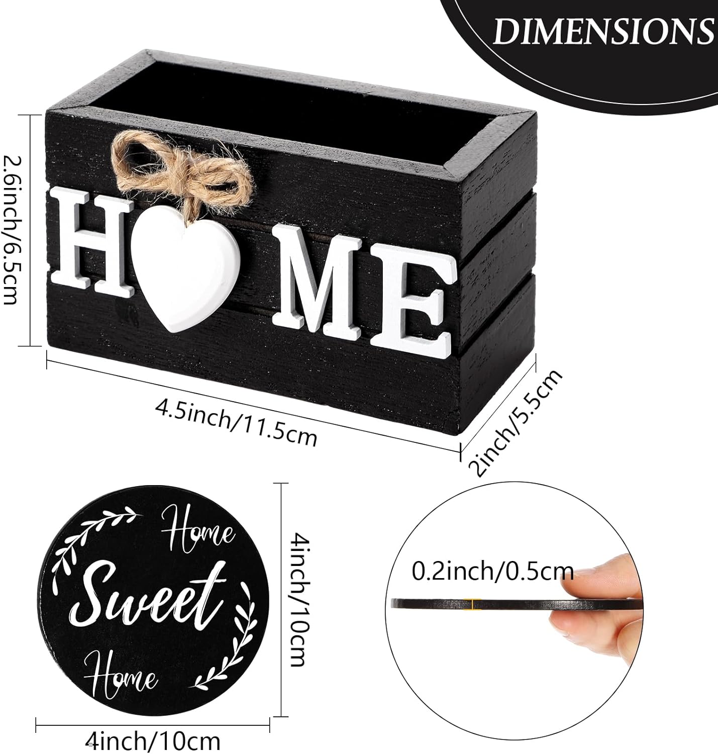 Queekay Housewarming Gifts for Home Decoration Wooden Heart Coasters for Drinks 6 Set Farmhouse Coasters with Holder Funny for Family Coffee Table Protection, 4''(Black)