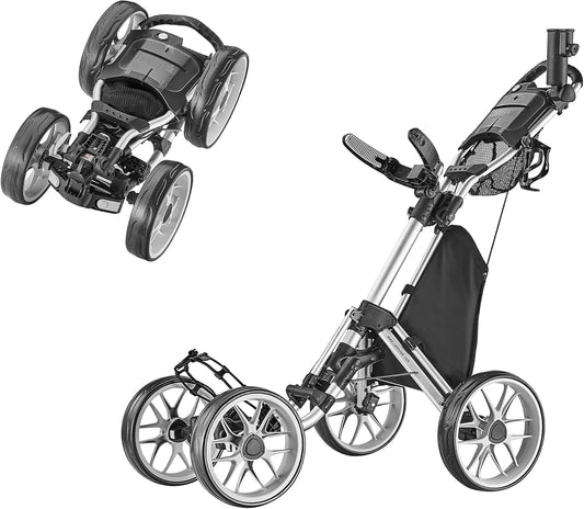 CaddyTek 4 Wheel Golf Push Cart - Caddycruiser One Version 8 1-Click Folding Trolley - Lightweight, Compact Pull Caddy Cart, Easy to Open