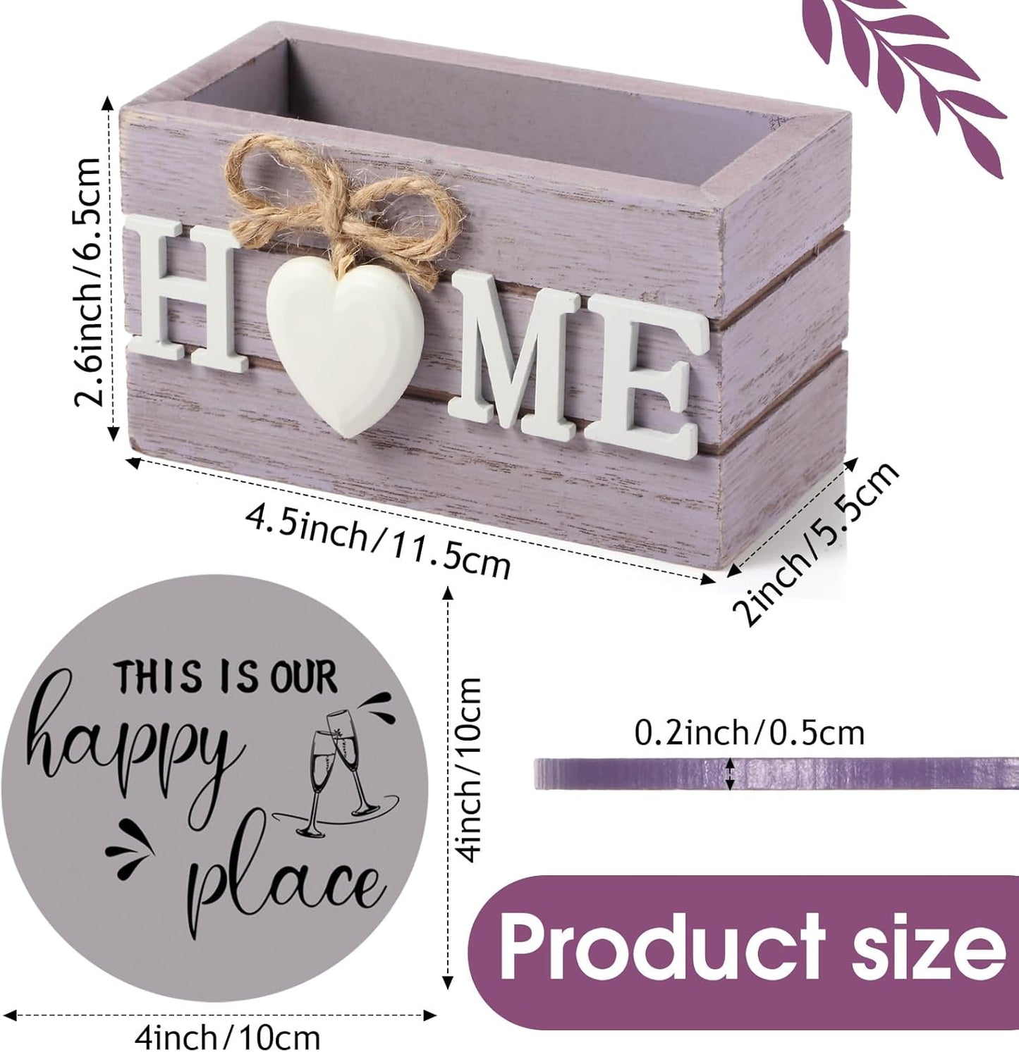 Queekay Housewarming Gifts for Home Decoration Wooden Heart Coasters for Drinks 6 Set Farmhouse Coasters with Holder Funny for Family Coffee Table Protection, 4''(Purple)