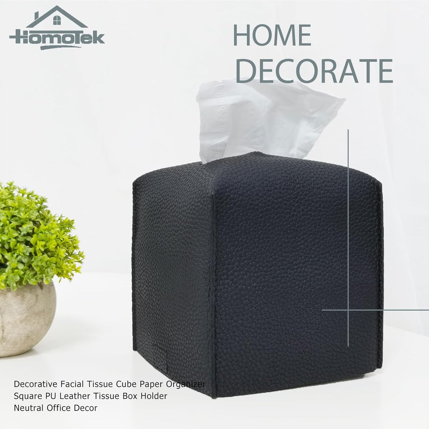 HOMOTEK 2 Pack Tissue Box Cover, Square PU Leather Tissue Holder, Decorative Facial Tissue Cube Paper Organizer Dispenser for Bathroom, Night Stands, Desk, Car 5X5X5'' - Matte Black, Pebble Grain
