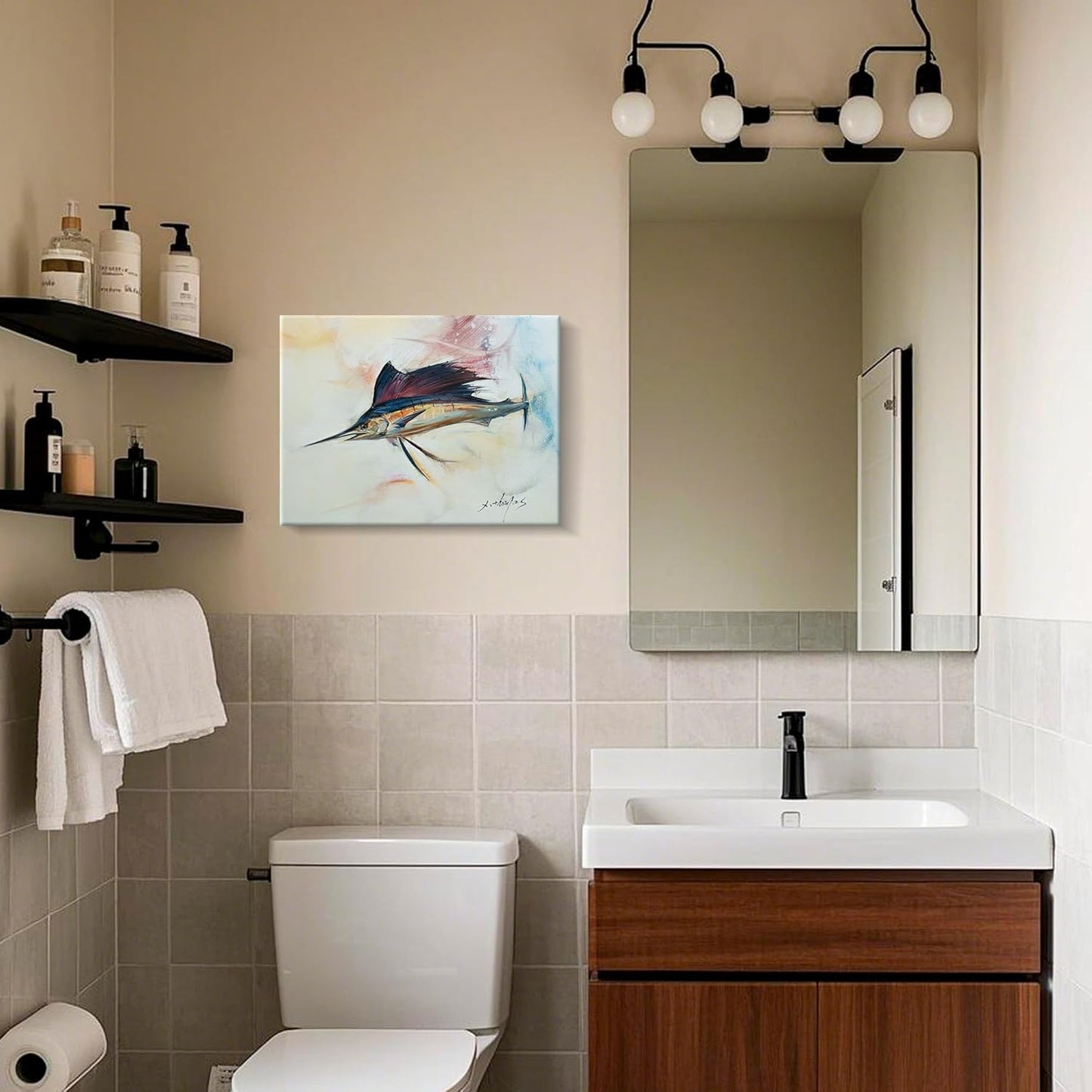 JZLDZS Sailfish Wall Art Nautical Bathroom Decor - 12x16 Inch Framed Coastal Canvas Print Ocean Animal Pictures Wall Decor for Bedroom & Kitchen