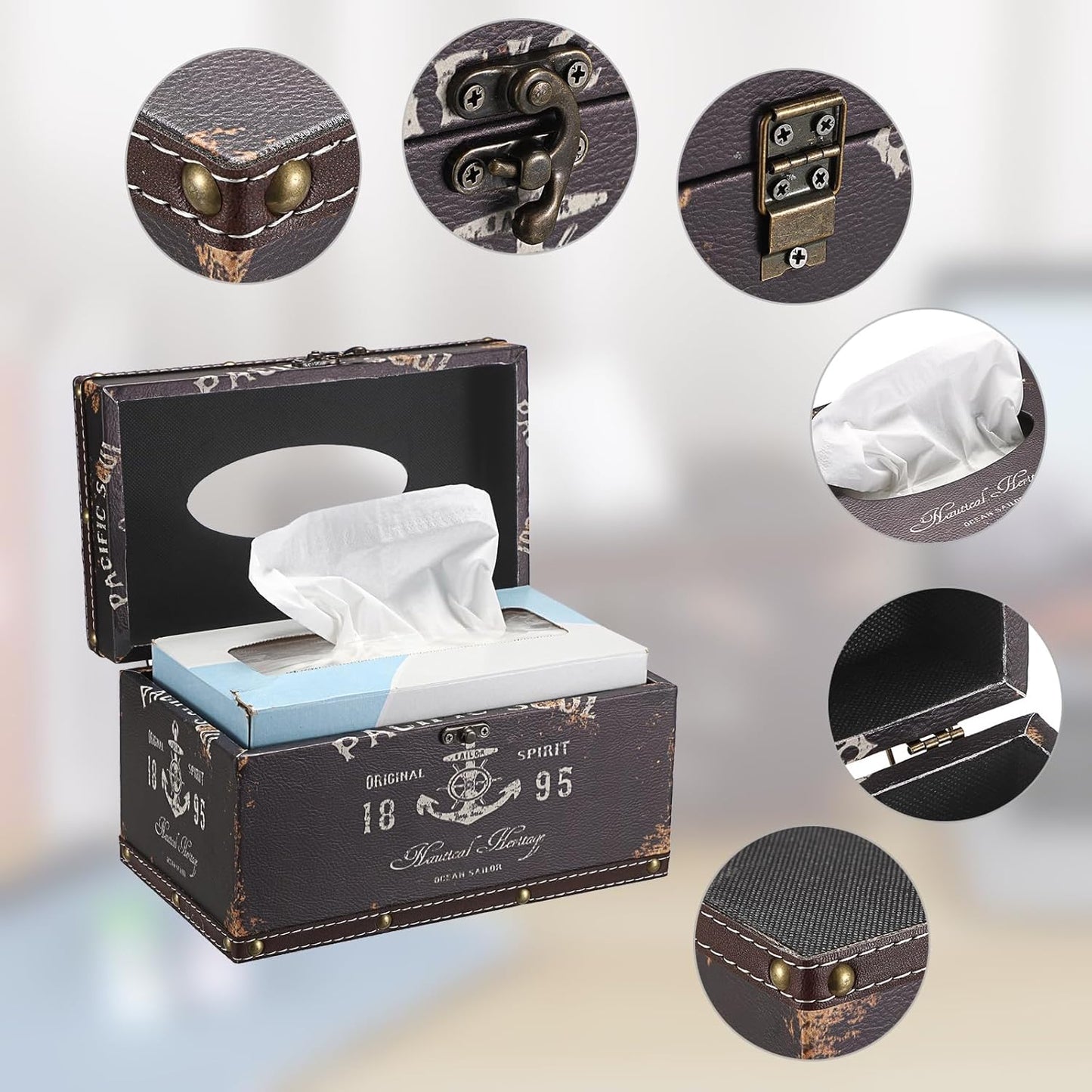 Sumnacon Tissue Box Cover Rectangle Wood Tissue Box with Hinged Lid, Vintage PU Tissue Box Holder Retro Brown Tissue Cover for Bathroom Toilet Bedroom Kitchen Office Table Desk, Large