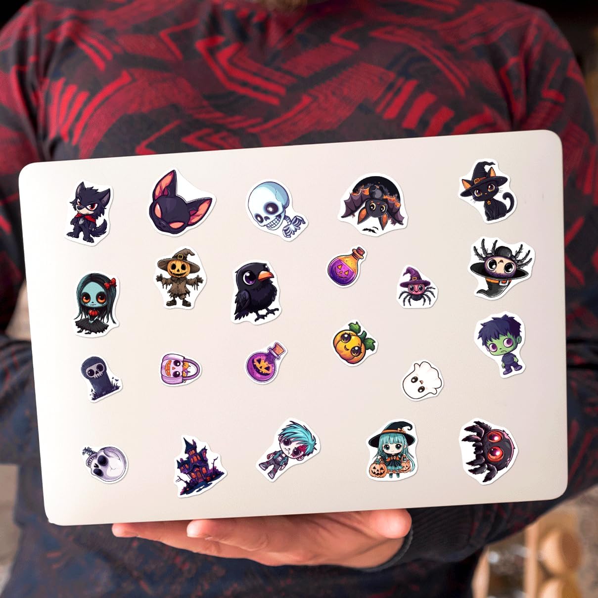 Halloween Style Cartoon Stickers Pack Cute Ghost Witch Pumpkin Cat Designs Vinyl Waterproof Non Repeating Holiday Party Decor for Kids Teens Lovers 108Pcs Hat Skateboard