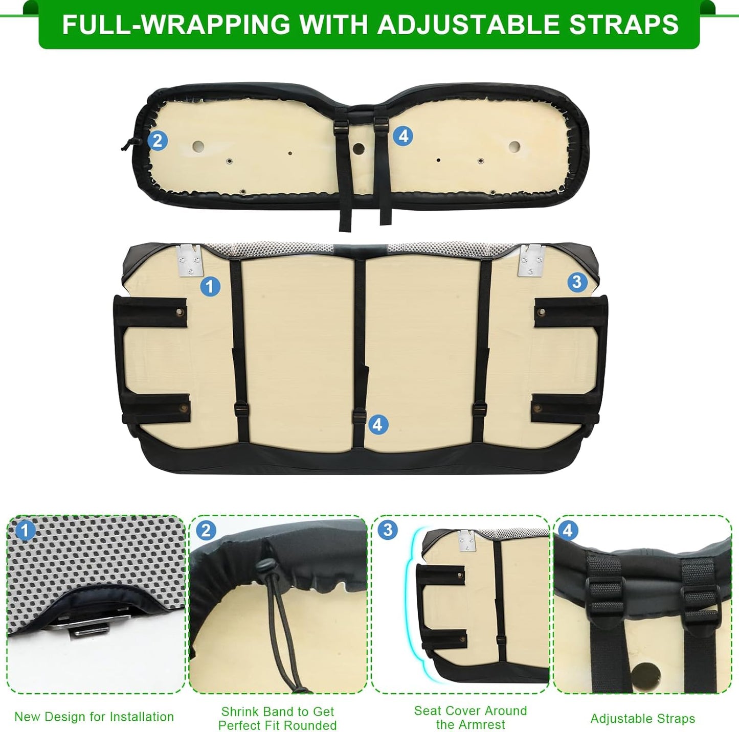 iLSKW Golf Cart Seat Covers for EZGO TXT Seat Cover OEM Front,Breathable Fabric and Leather Front Seat Cover Like Gloves,Full Wrap-Around Design of EZGO TXT (1994-2013) Golf Cart Front Seat Cover