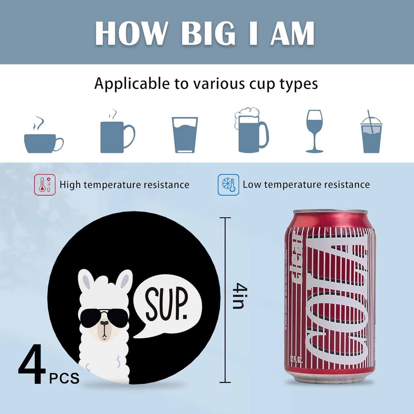 Coasters for Drinks,Set of 4 Absorbent Coasters,Sup Llama Funny Ceramic Coasters with Cork Base,Cup Coaster for Coffee Table Protection,Gifts for Housewarming Birthday - Home and Dining Room Decor