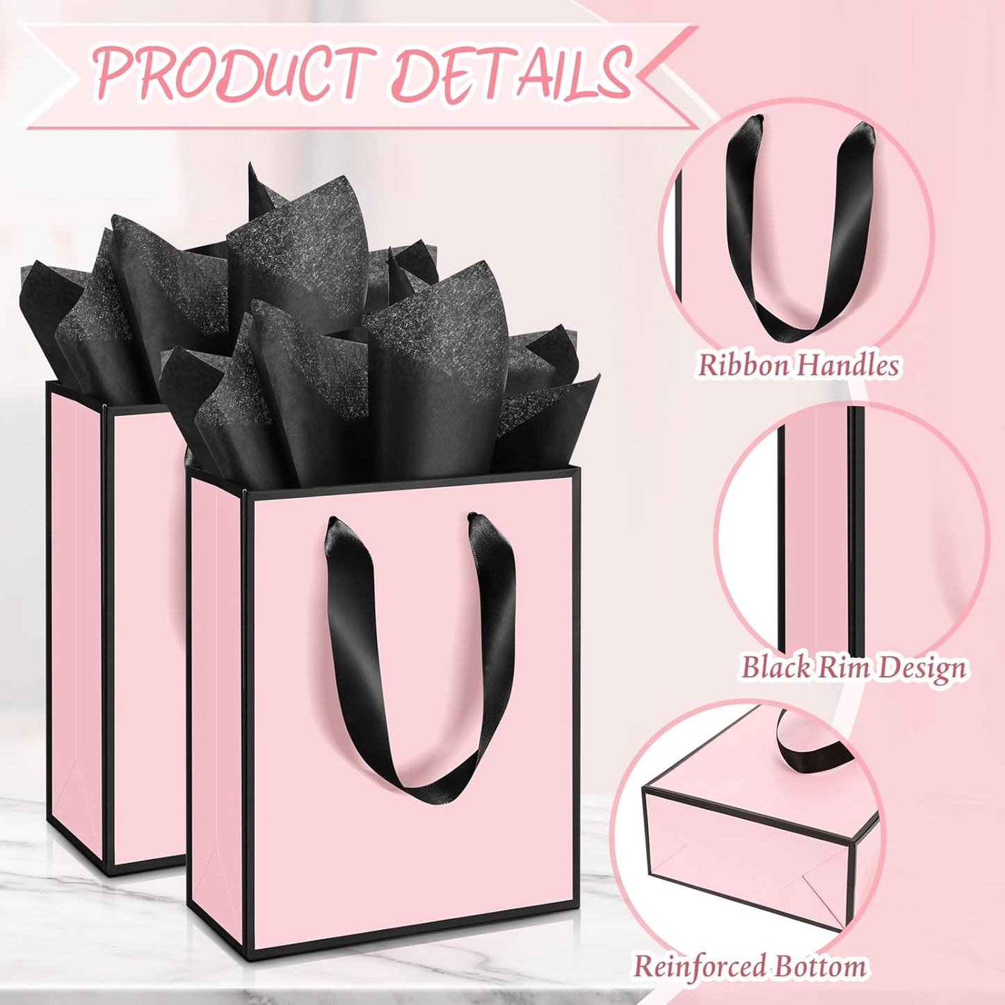 Yeaqee 24 Pack Metallic Paper Gift Bags with Handle and Tissue 9x7x3.1 Gold Foil Welcome Favor Bags Return Gifts for Wedding Fall 5 Senses Christmas Bridesmaid Birthday(Light Pink and Black)