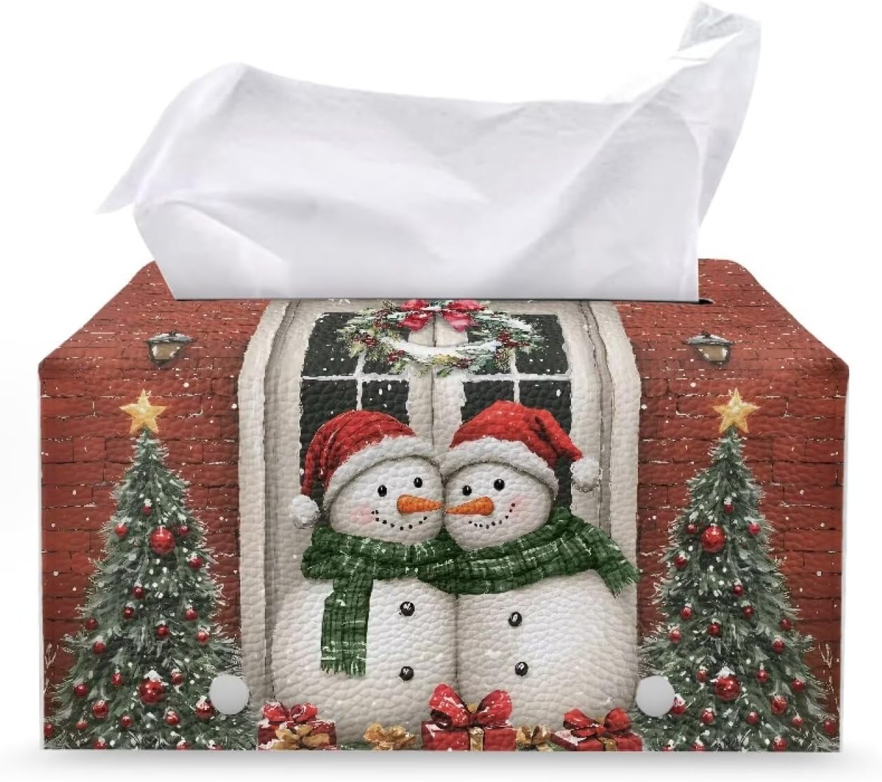 Christmas Cute Tissue Box Cover Snowman Tissue Box Rectangle Soft Leather Tissue Box with Bottom Belt for Table Desk Countertop Decorations for Home