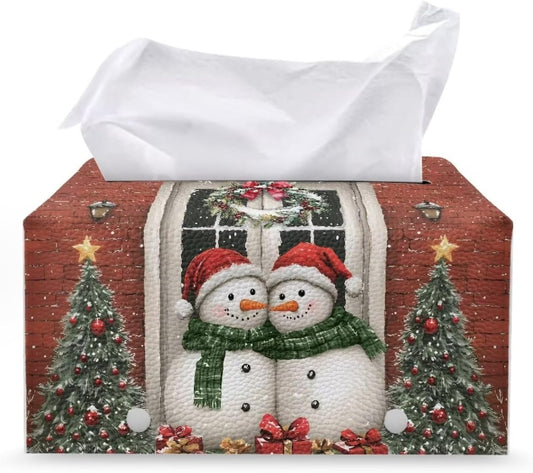 Christmas Cute Tissue Box Cover Snowman Tissue Box Rectangle Soft Leather Tissue Box with Bottom Belt for Table Desk Countertop Decorations for Home