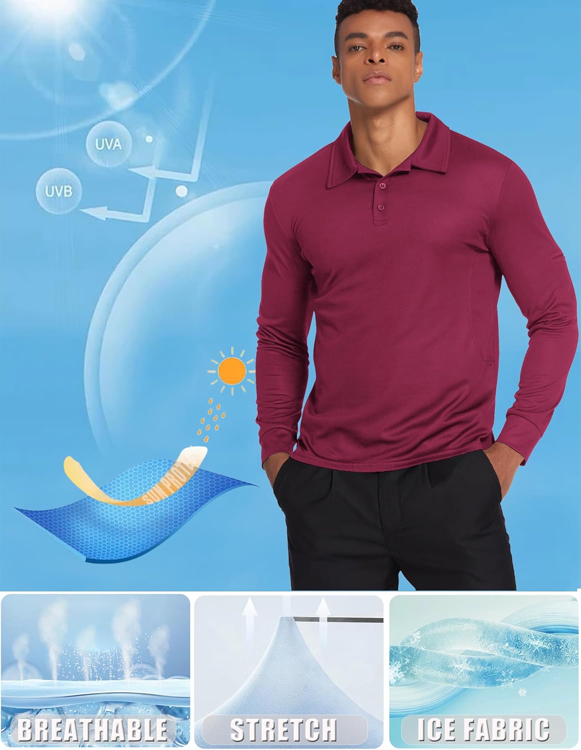 Deyeek Men's Polo Shirts Long Sleeve Golf Polo Shirts for Men Quick Dry UPF 50+ Sun Protection Polos Casual Collared Shirts