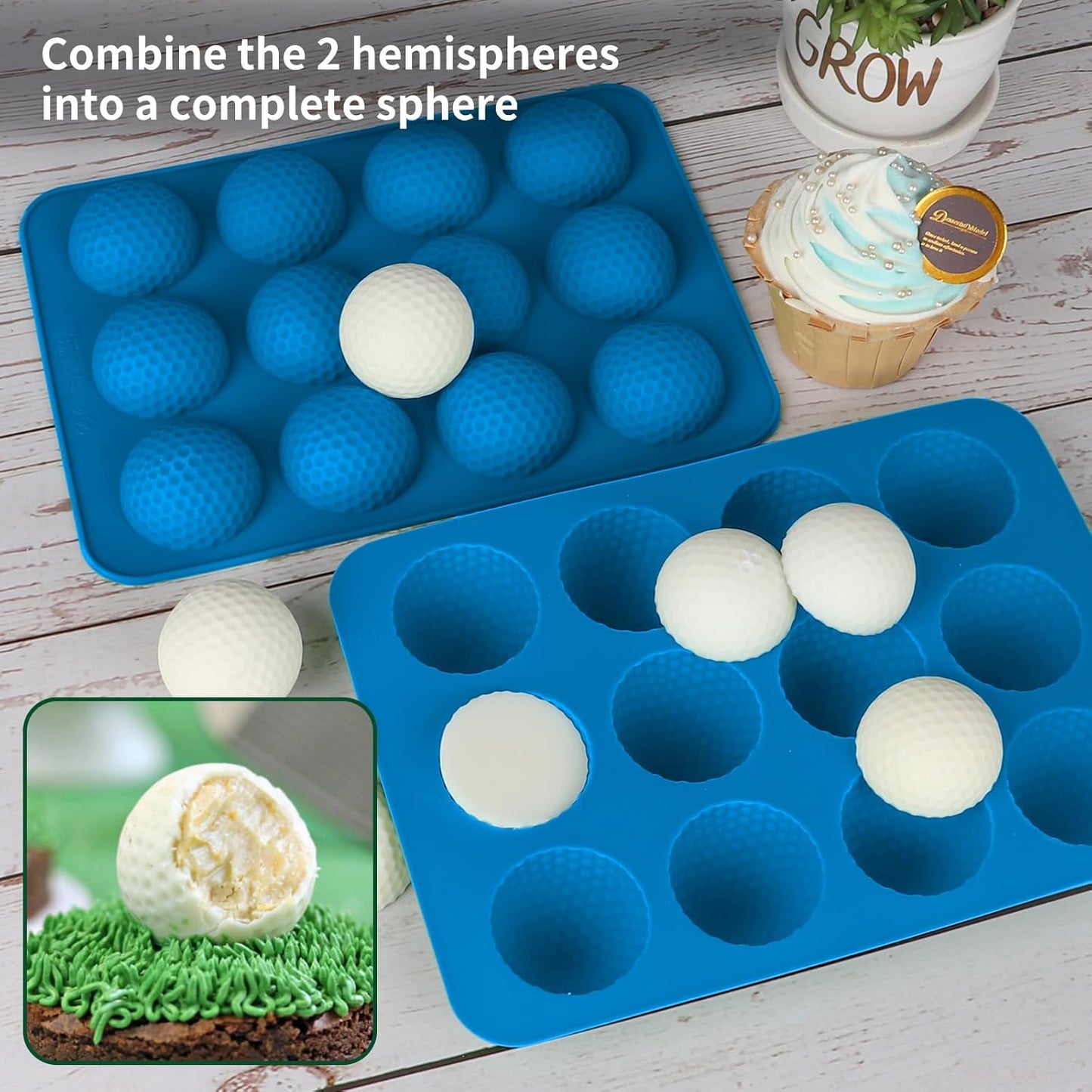 Golf Ball Cake Pop Mold, 2 Pack Golf Ball Chocolate Molds, 12-Cavity 3D Golf Ball Silicone Mold for Cupcake Decorations, Hot Chocolate Bomb, Candy (Blue)
