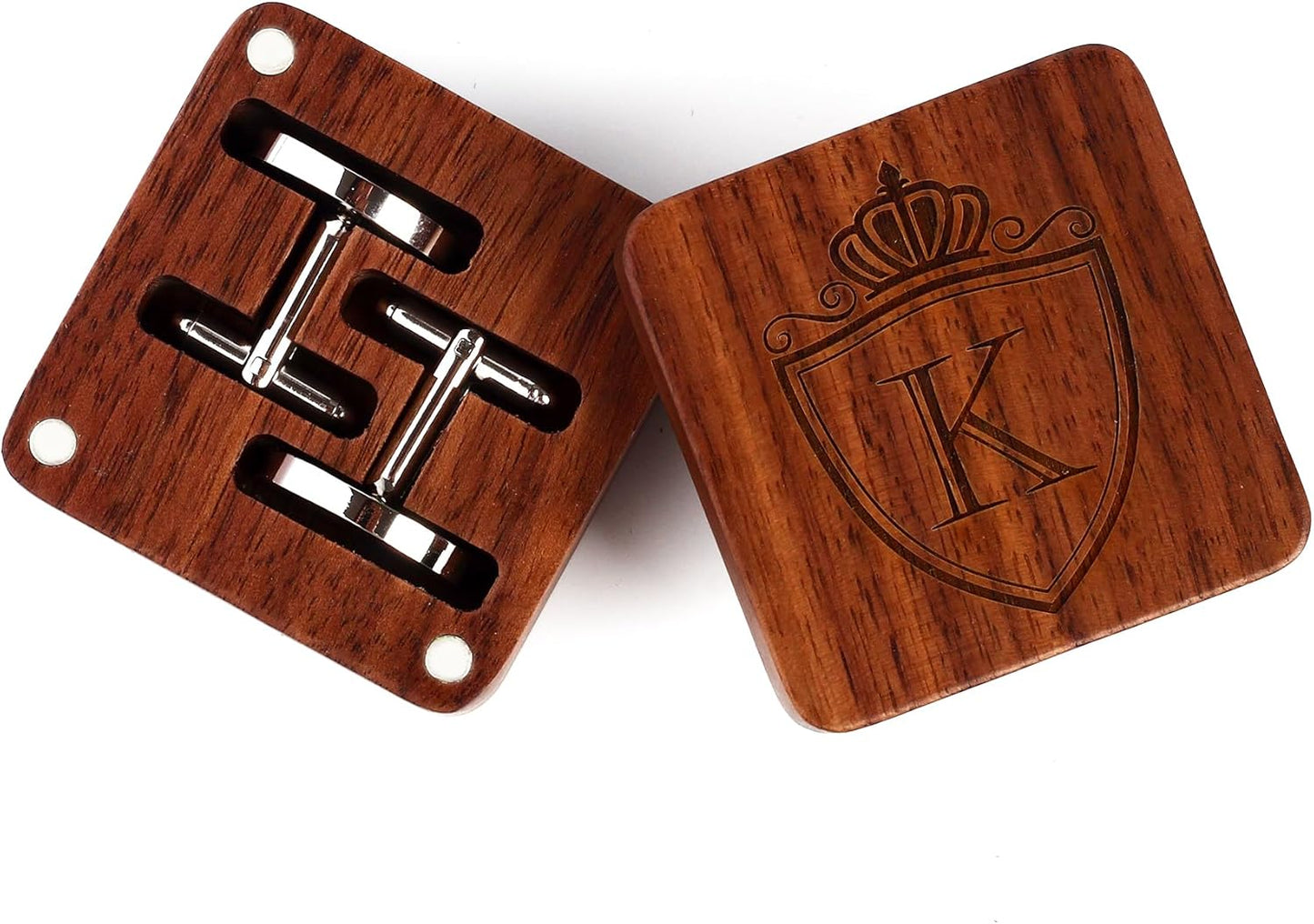 Mens Initial Silver Cufflinks A-Z Alphabet Letter Steel Cuff Links with Engraved Walnut Wood Box Groom Groomsman Wedding Set…