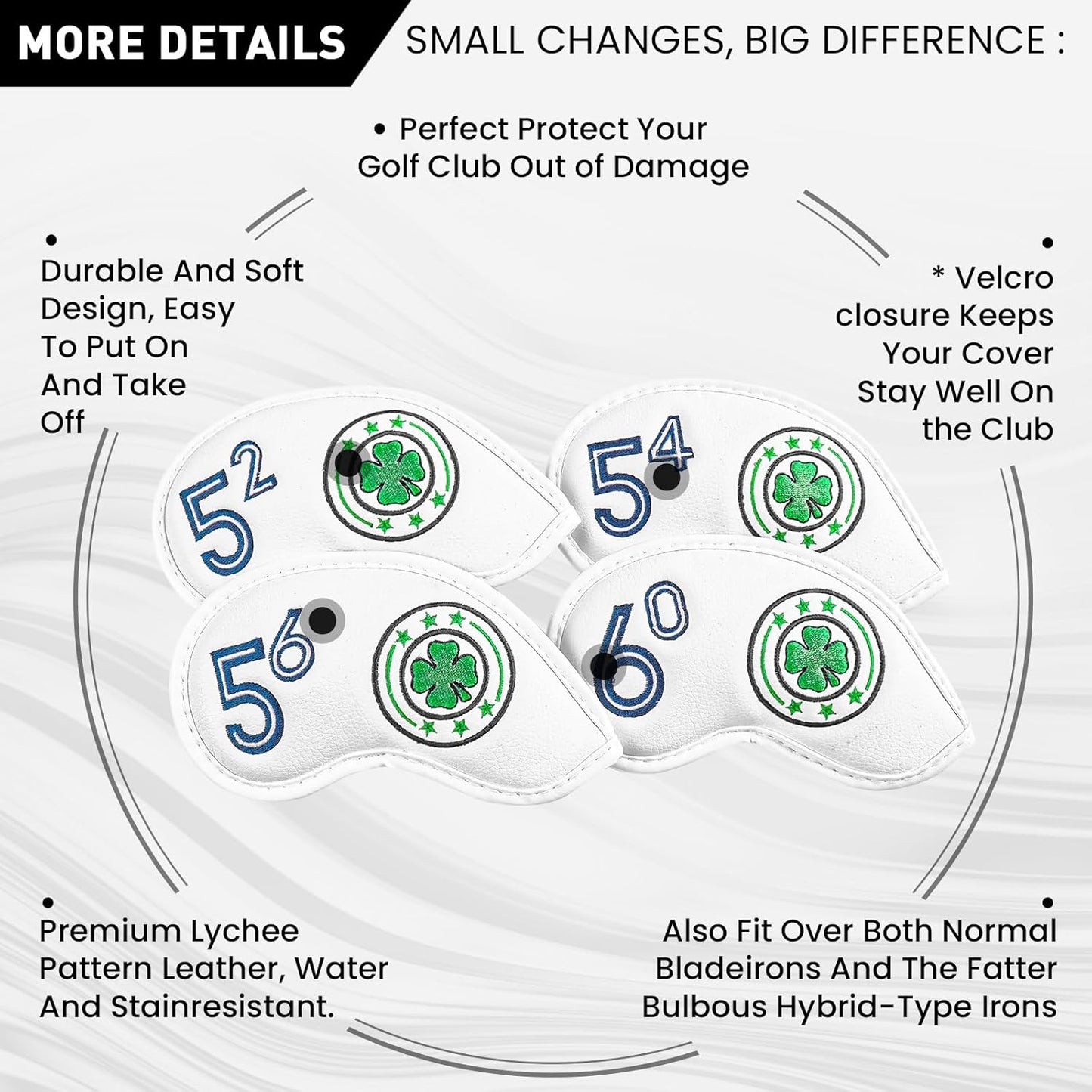 Golf Iron Wedge Head Covers 52° 54° 56° 60° 1 or 4 Pack, Synthetic Leather Clover USA Flag Design Club Head Protection, Universal Headcover Fit Iron Clubs for Men Women