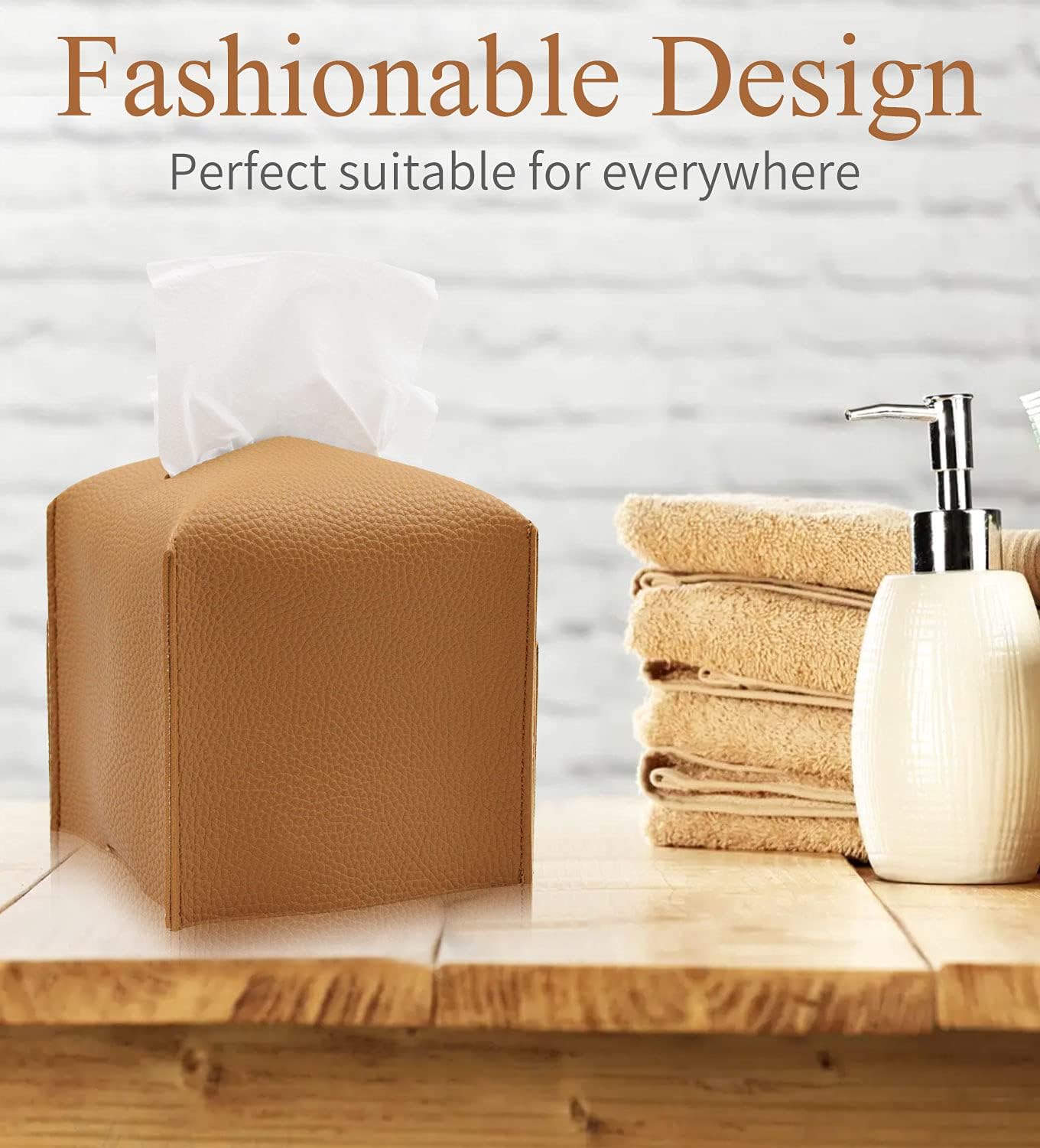 Livelab Tissue Box Cover, Modern Square Decorative PU Leather Facial Paper Case Organizer Holder Dispenser for Bathroom, Vanity Countertop, Night Stands, Desk, Car 5X5X5'' | Camel
