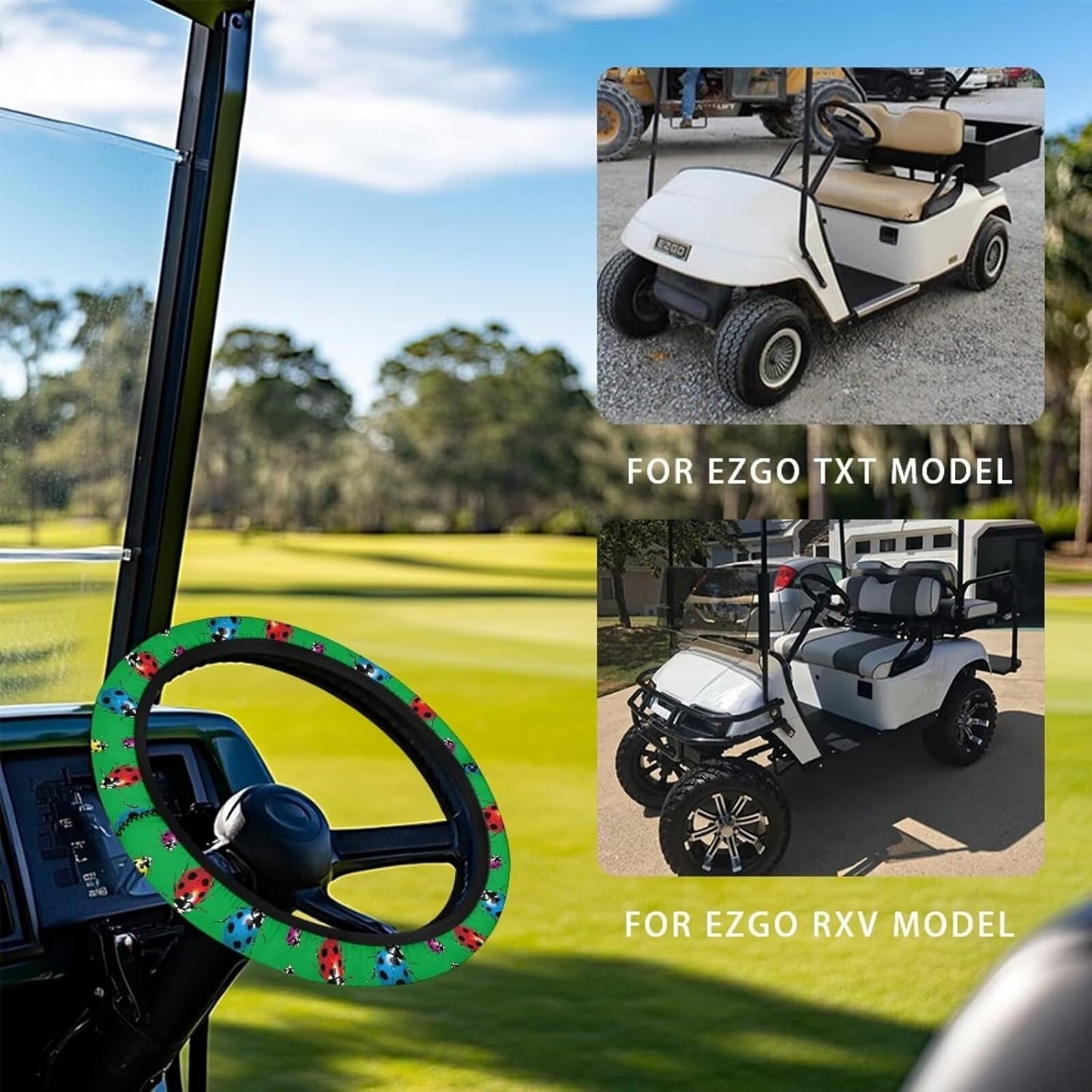 Ladybug Print Golf Cart Steering Wheel Cover Green 13-14 Inch Golf Cart Steering Wheel Covers Anti-Slip Universal Fit Club Car Accessories, Breathable Interior Decor