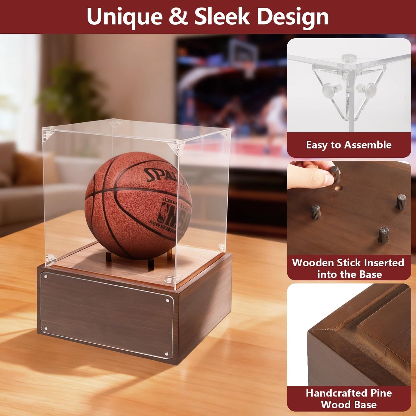 Basketball Display Case Holder for Basketball with Solid Wood Base, Uv Protected Acrylic Clear Volleyball Soccer Display Stand Box for Autographed Standard Memorabilia Keepsake