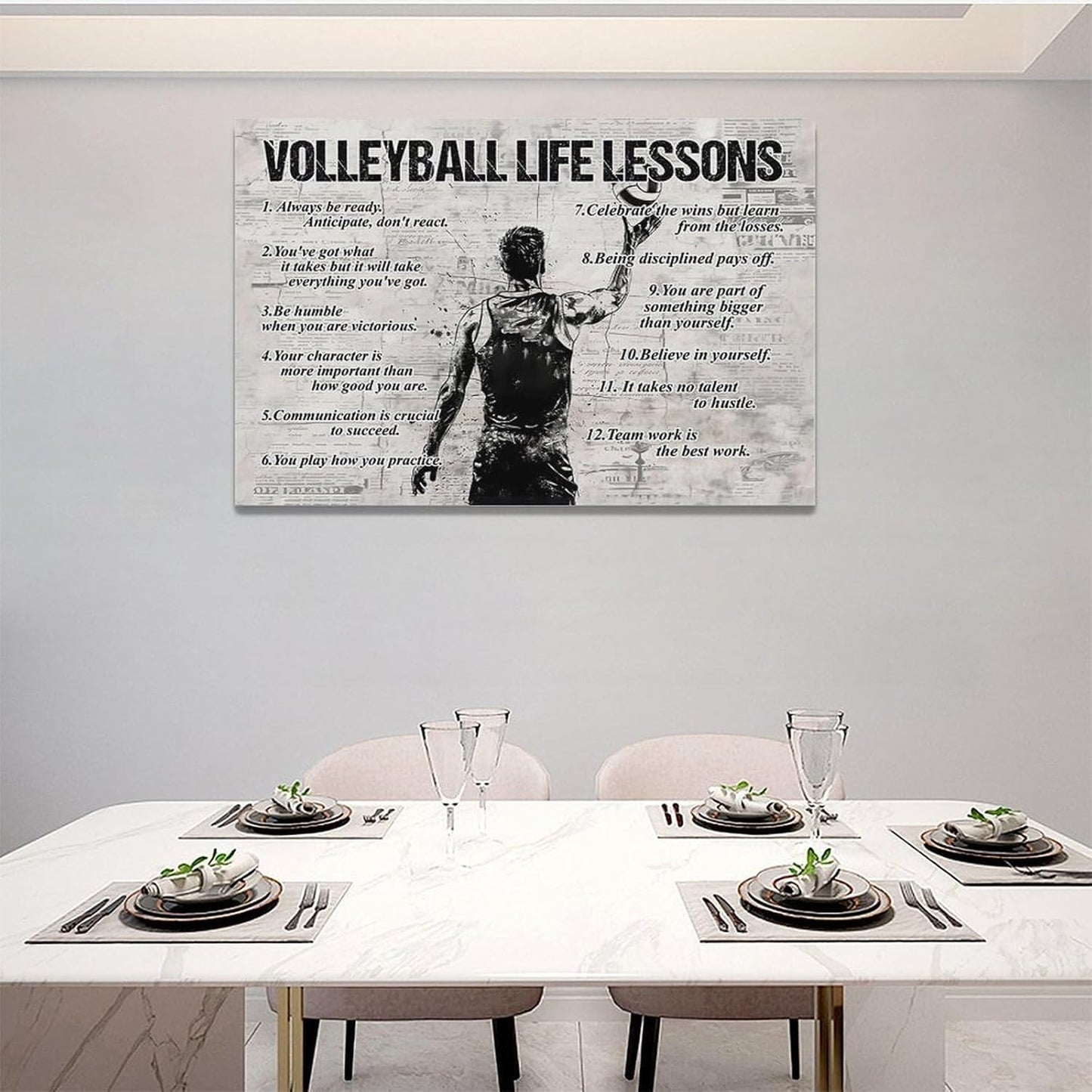 Volleyball Sports Wall Art Volleyball Life Lessons Wall Decor Volleyball Sign Retro Poster Boy Men Room Motivational Decorations Canvas Print Painting Artwork for Bedroom Bathroom Living Room 24"x16"