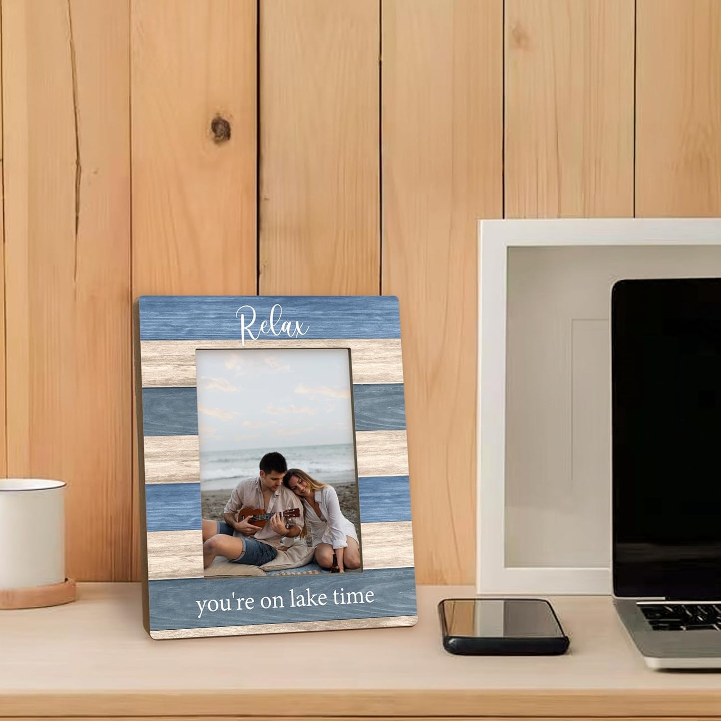 Lake House Gifts Picture Frame 5x7, Lake House Decor Photo Frame, Birthday Gifts for LakeLover Women Men, Relax You're on LakeTime Wooden Picture Photo Frames for Desk Home Room Decor