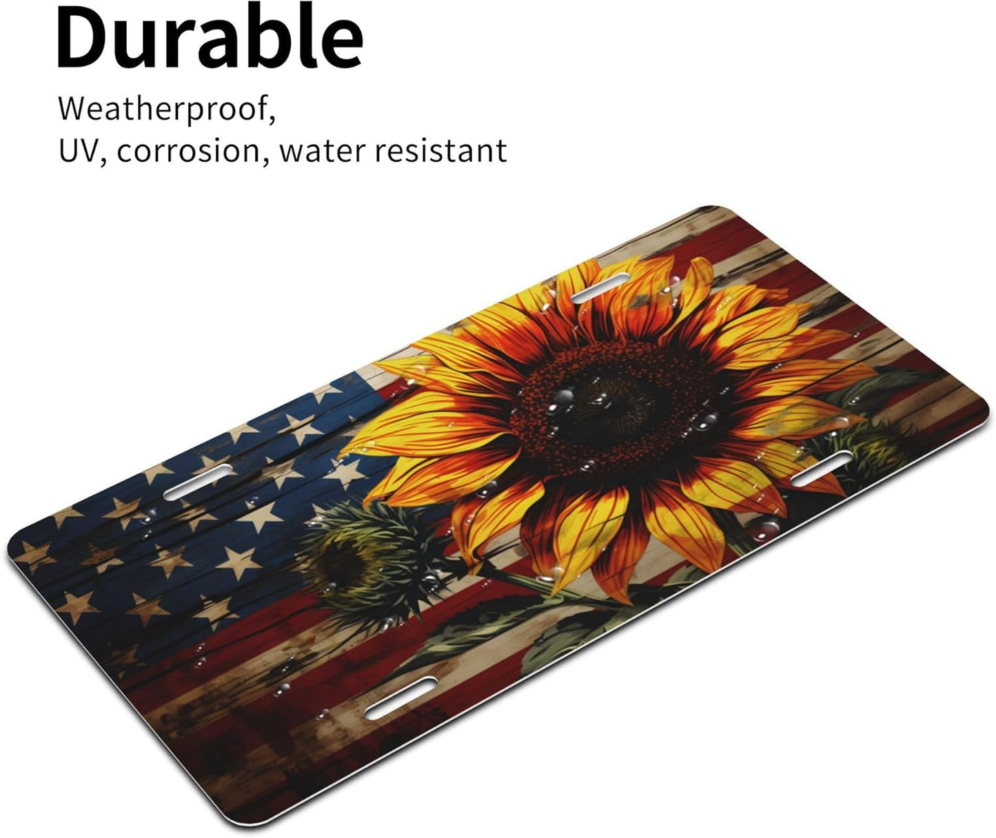Front License Plate for Car Designs American Flag Sunflower Flower Stainless License Plate Cover Holder for Men Women Metal Aluminum Decorative Accessory Vanity Tag Standard 6 X 12 Inch (4 Holes)
