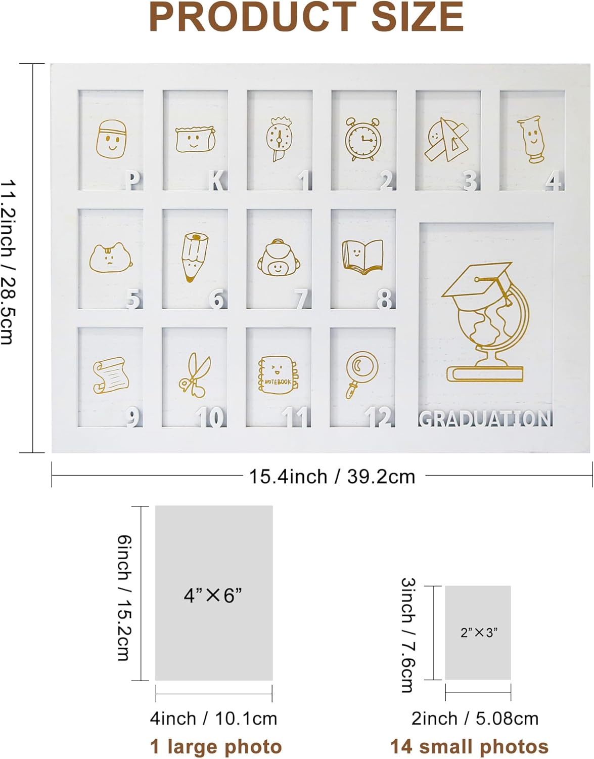 School Years Picture Frame Pre K to 12 White Graduation Gift Collage Frame with Stand Easel, Displays One 4x6 and Twelve 2x3 Wallet Photos