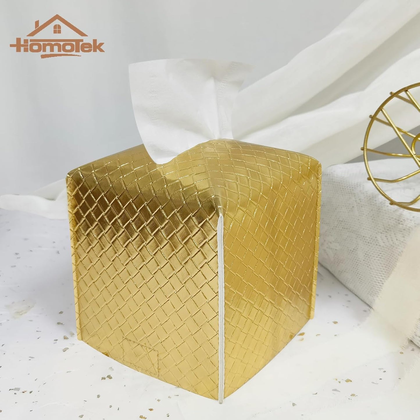 HOMOTEK 2 Pack Tissue Box Cover, Square PU Leather Tissue Holder, Decorative Facial Tissue Cube Paper Organizer Dispenser for Bathroom, Night Stands, Desk, Car 5X5X5'' - Woven Waffle, Brass