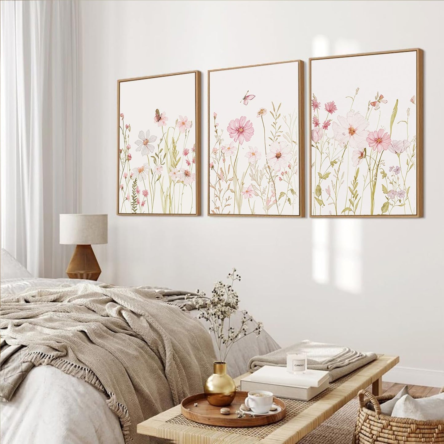 MTFBWY 3Pcs Framed Wildflower Canvas Wall Art – Pink Floral Wall Art Watercolor Prints, Pink Botanical Artwork, Colorful Flower Pictures Decor Printing for Living Room, Girls Bedroom, or Bathroom 16L" x 12W"