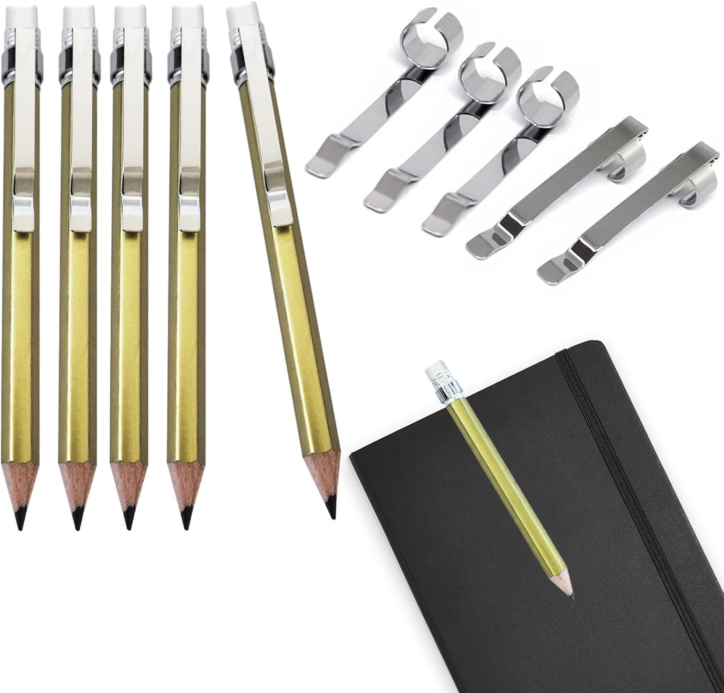 Adhere 12pcs Golf Pencils with eraser Hexagon gold Wooden Pencils Graphite 2B for Golf Event Scoring,Classroom,Wedding,Company Meetings,Pew, Pocket (z-Gold pencil 12pcs + pencil clip 12pcs)