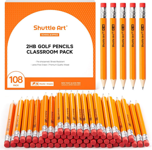 Shuttle Art 108 Pack Golf Pencils With Erasers, #2 HB Pencils Bulk, 3.5” Mini Pencil, Pre-Sharpened Small Pencil for Kids Teachers Classroom Games, Back to School Supplies
