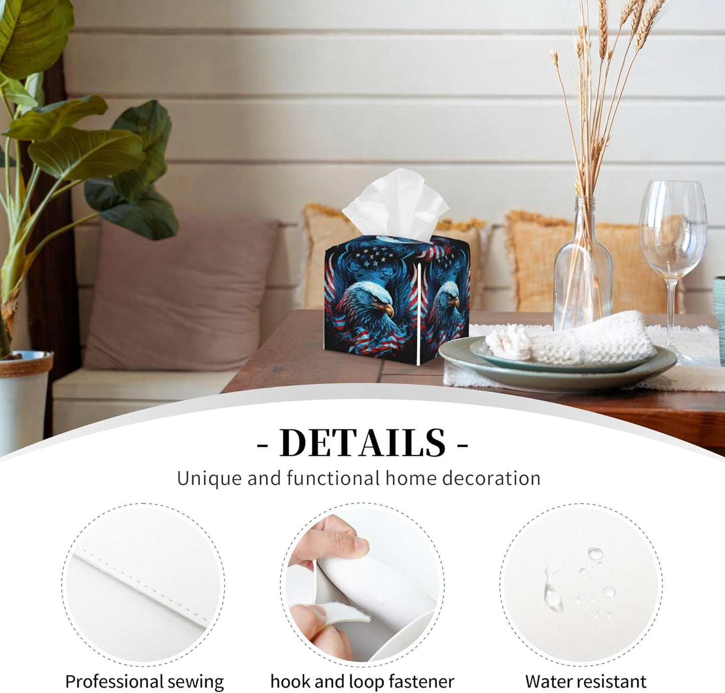 American Flag Eagle Tissue Box Cover Square, The USA Flag Tissue Box Holder Waterproof Leather Facial Paper Organizer Dispenser for Bathroom Home Car Nightstand Vanity Desk