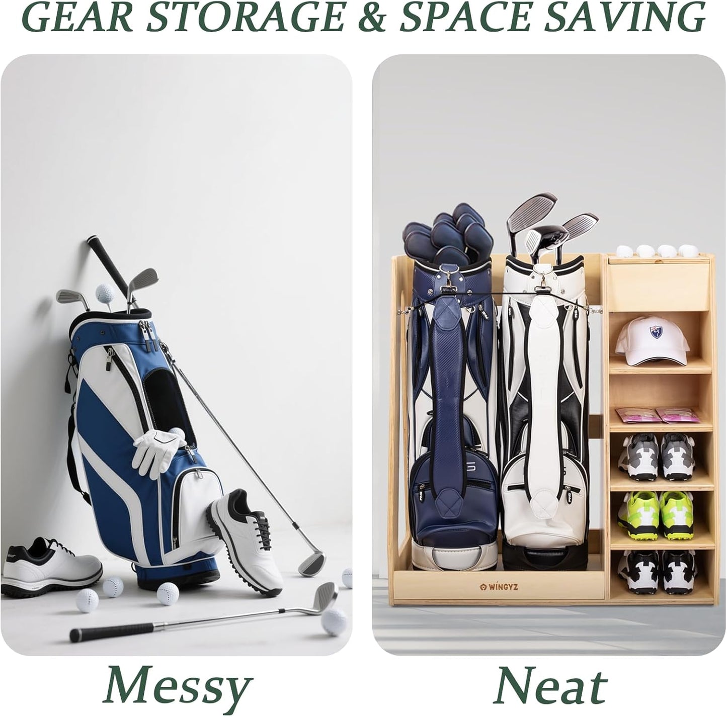 wingyz Wooden Golf Storage Organizer for Garage Fits 2 Bags for Any Level Golfer Great Gift, Golf Bag Rack Club Holder with 12-Ball Display Rack and 5 Shelves for Equipment Accessories