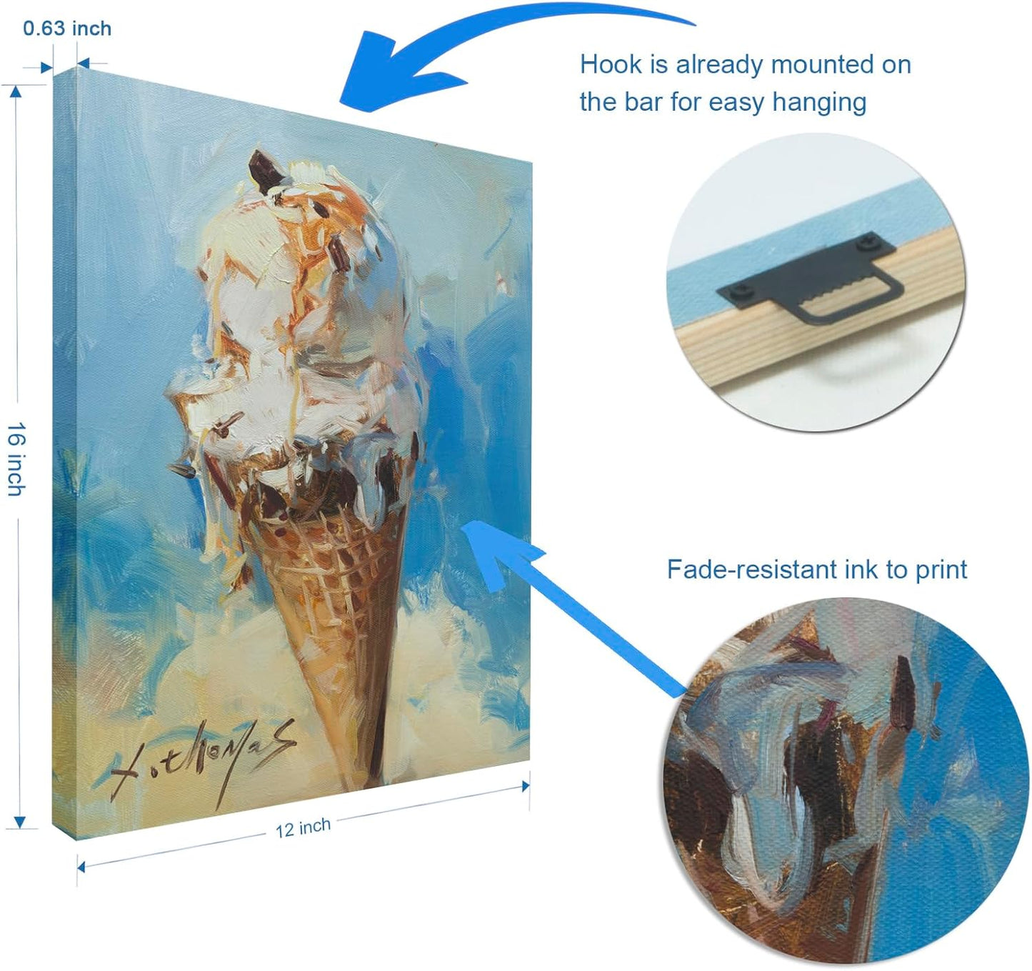 JZLDZS Ice Cream Sweet Treat Wall Art - 12x16 Inch Gallery Wrapped Canvas Painting for Kitchen, Dining & Dessert Lover Decor Ready to Hang