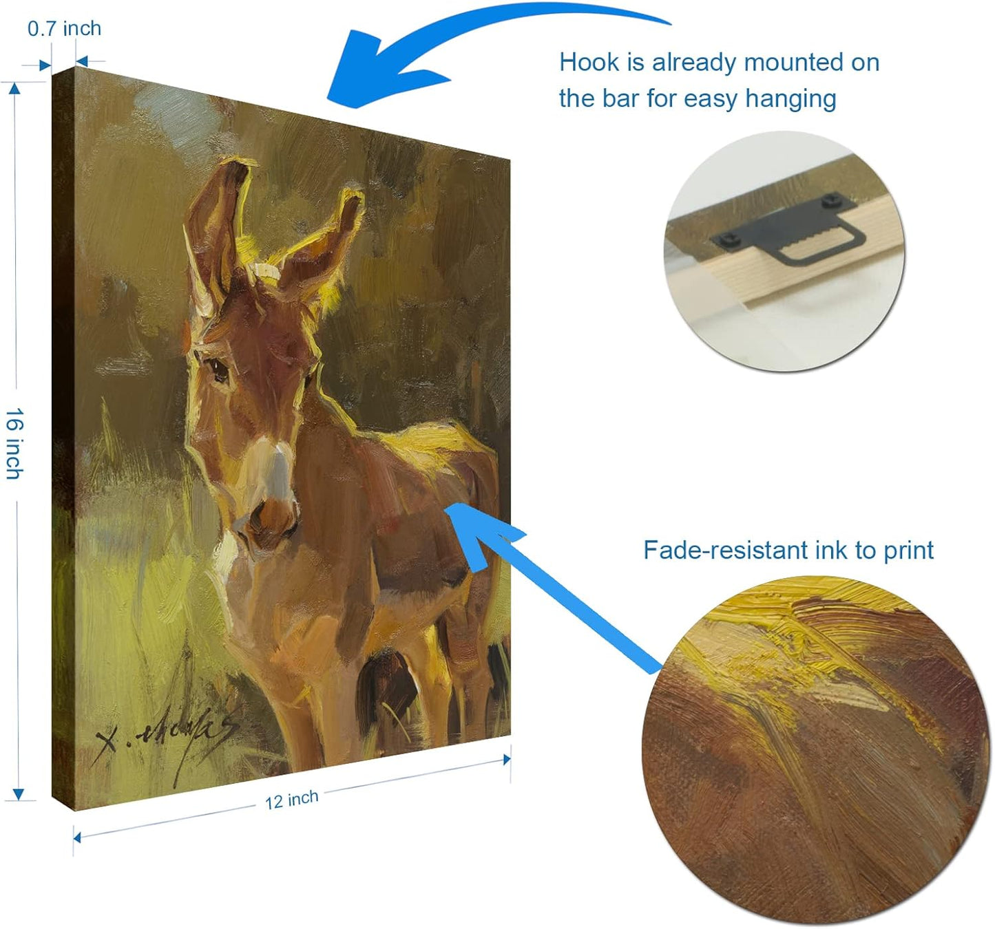 JZLDZS Donkey Canvas Wall Art Print, Framed Rustic Green Farm Animal Pictures Wall Decor for Bathroom Kitchen Bedroom, 12x16 Inch