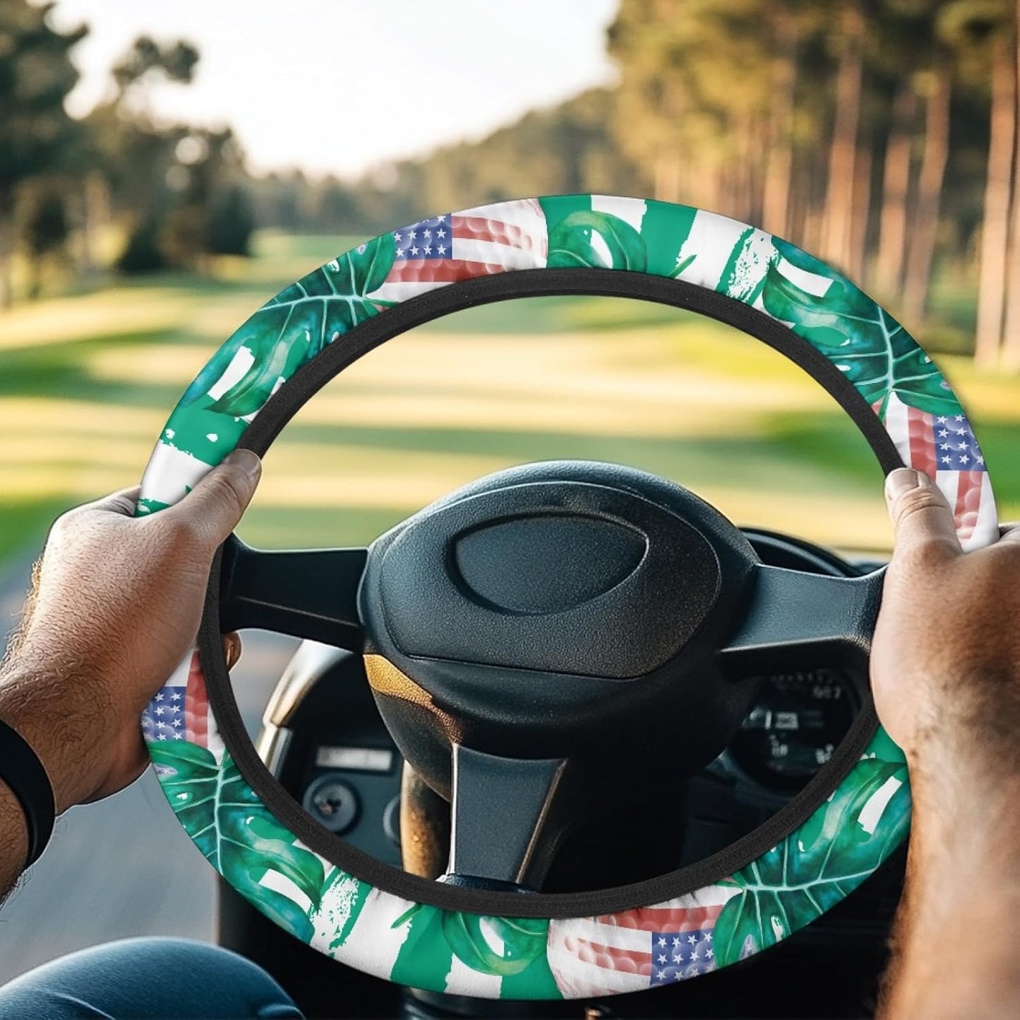 USA Flag Golf Ball Golf Cart Steering Wheel Cover Palm Leaves Neoprene Golf Cart Steering Wheel Covers Accessories for Club Car