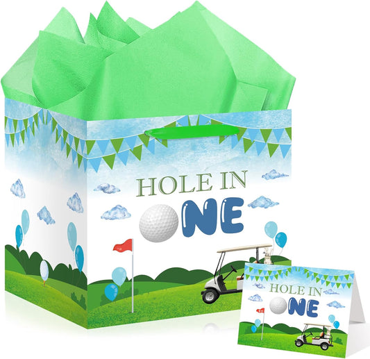 Hole in One Birthday Decorations Extra Large Hole in One Gift Bag Christmas Jumbo Golf First Party Bag Green 1st Bag with Card and Papers for Boys Girls Newborn Baby Shower One Year Old Themed Bday Party Supplies