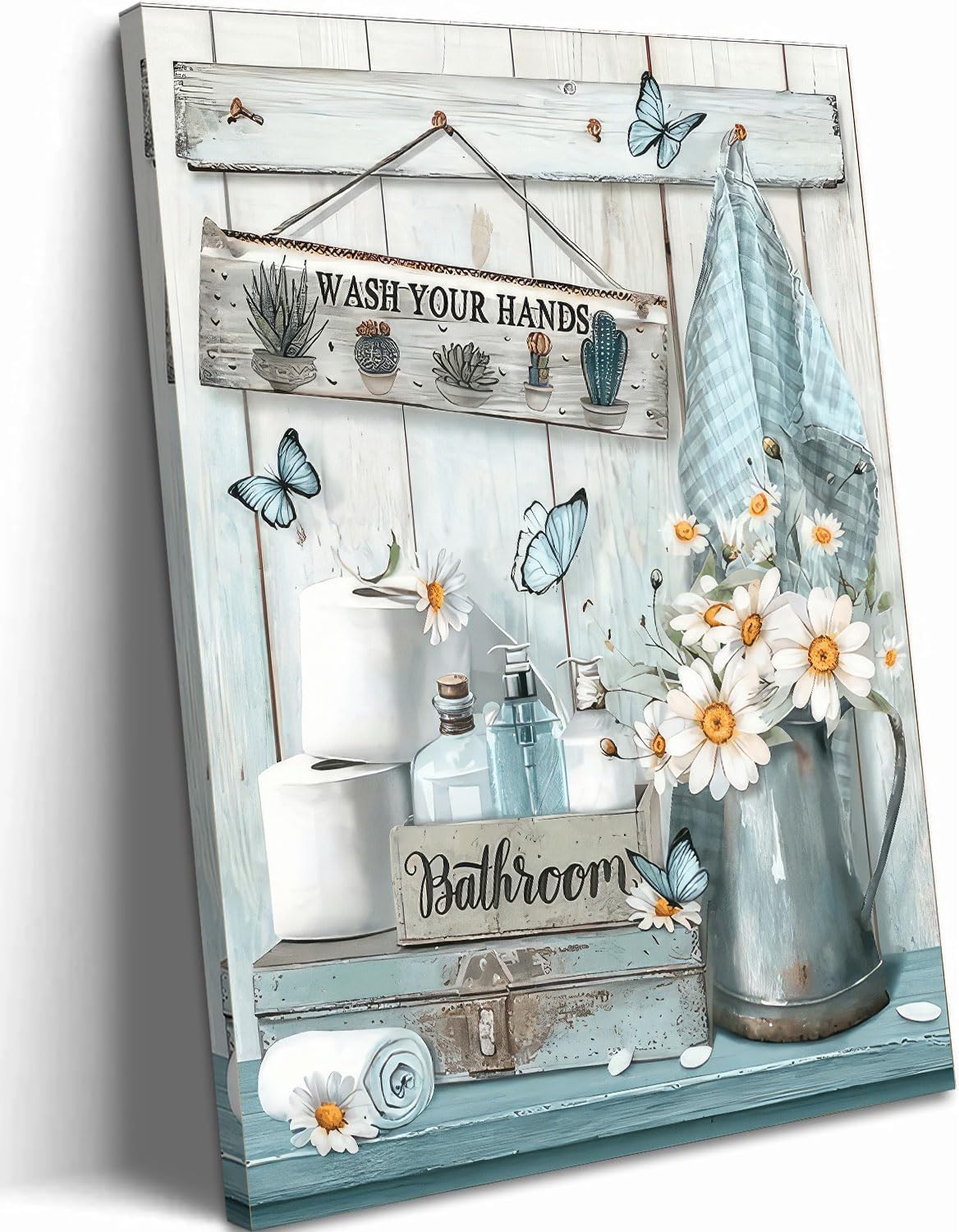 Framed Farmhouse Bathroom Canvas Wall Art Country Butterfly Daisy Wall Decor Pictures Teal Bathroom Painting Wash Your Hands Sign Poster Prints for Toilet Bathroom Home Decoration
