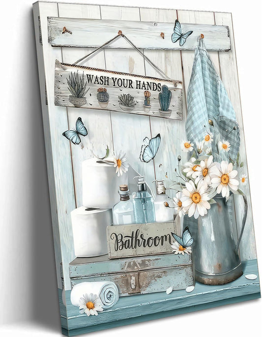 Framed Farmhouse Bathroom Canvas Wall Art Country Butterfly Daisy Wall Decor Pictures Teal Bathroom Painting Wash Your Hands Sign Poster Prints for Toilet Bathroom Home Decoration