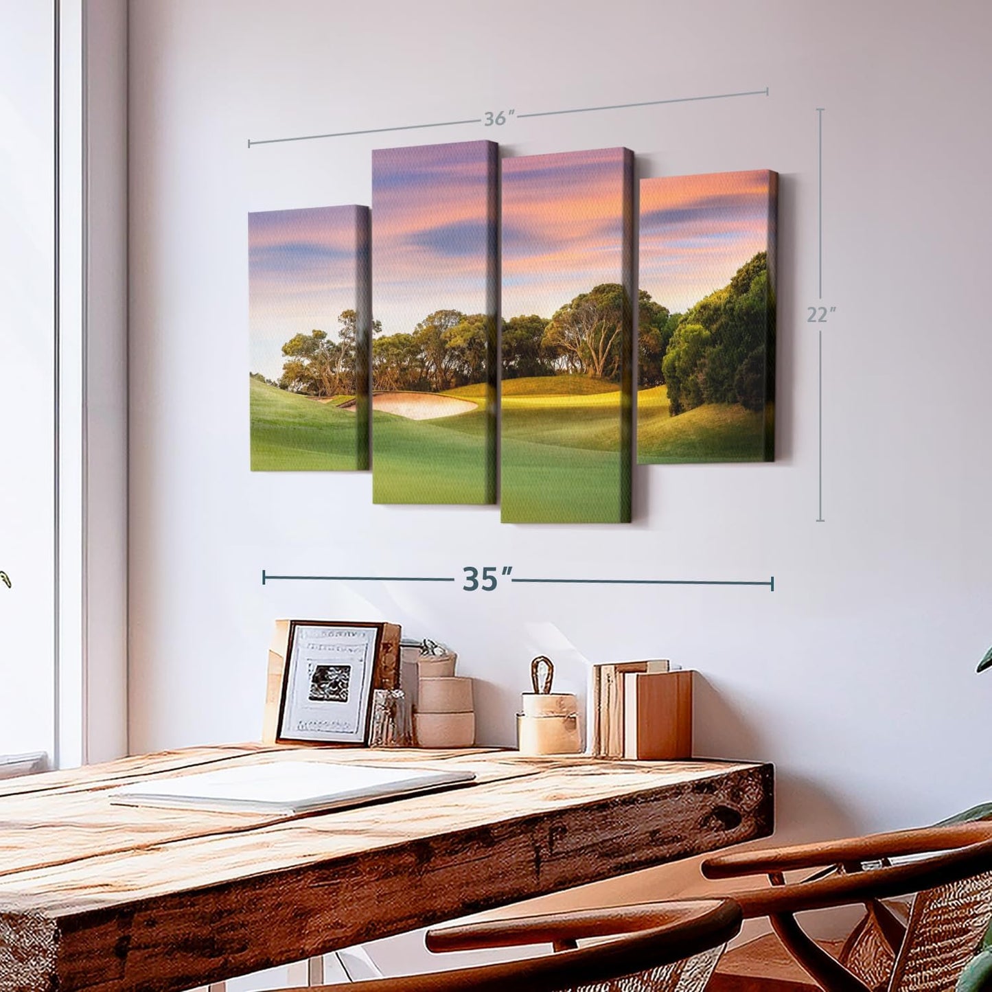 ElephantStock Golf Course Sundown Wall Art - Horizontal Canvas - 4-Piece Living Room Wall Decor - Photography Sports Canvas Print - Orange and Blue Decor for Wall - 36" X 22"