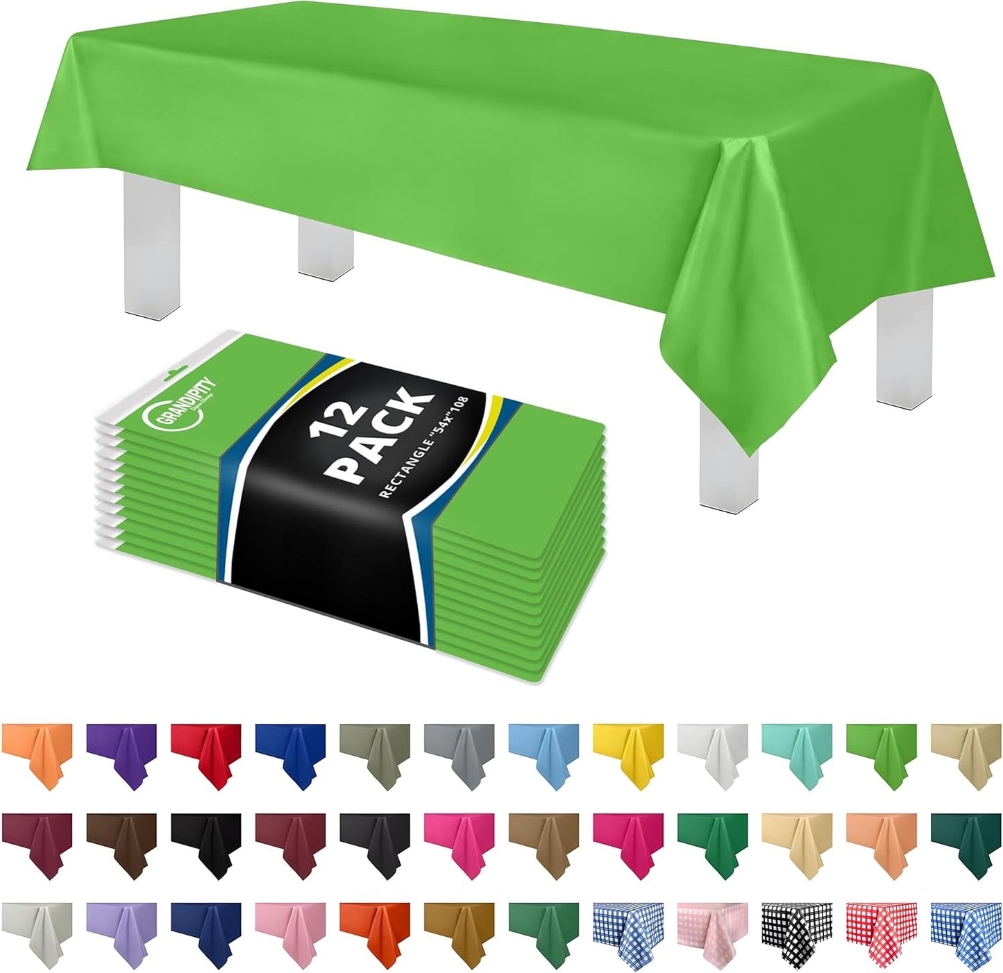 Grandipity 12 Pack Premium Disposable Plastic Tablecloth 54 Inch. x 108 Inch. Decorative Rectangle Table Cover - Lime Green