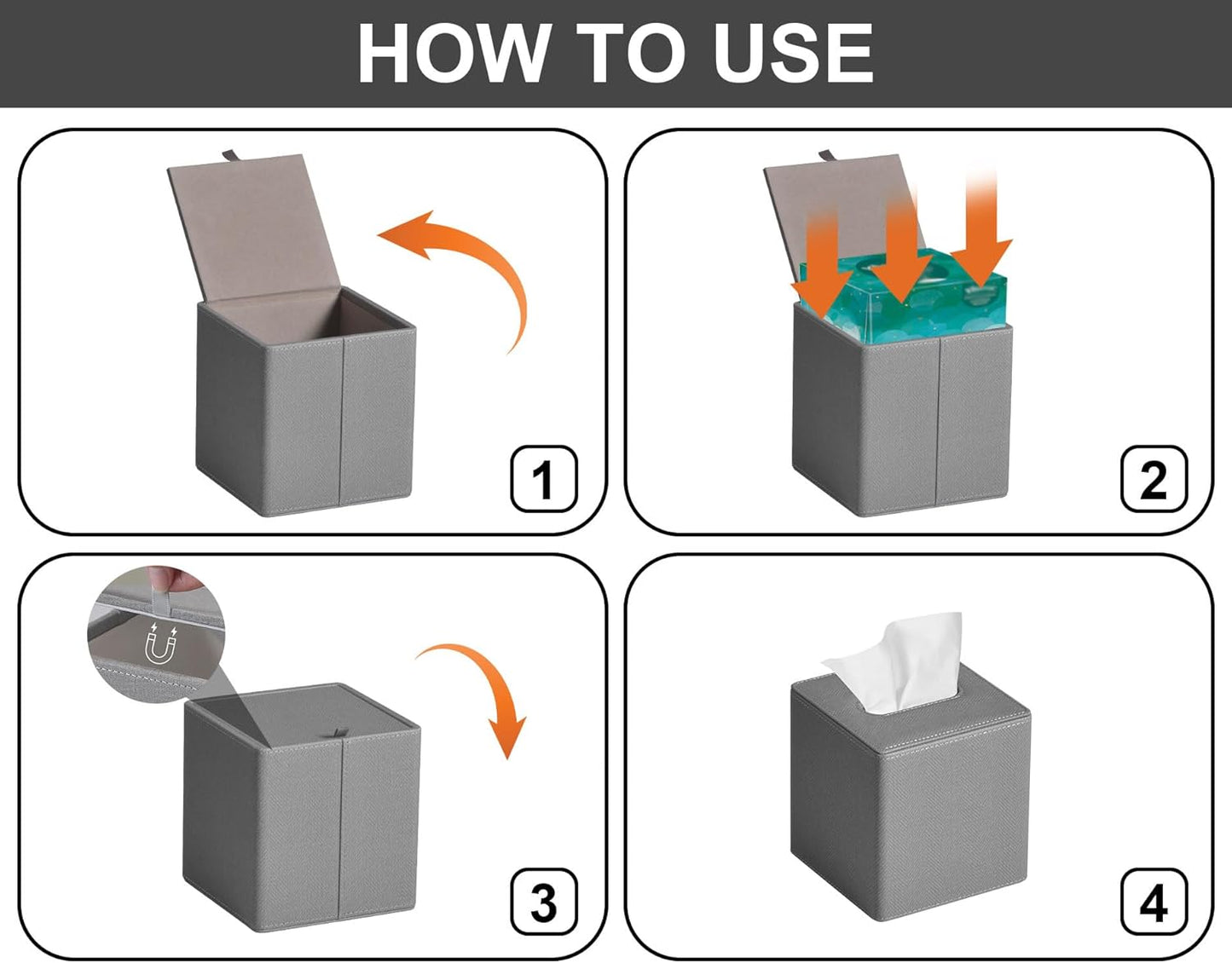 Tissue Box Cover Square PU Leather Facial Tissue Box Holder for Dresser Bathroom Decor (Linen Grey)