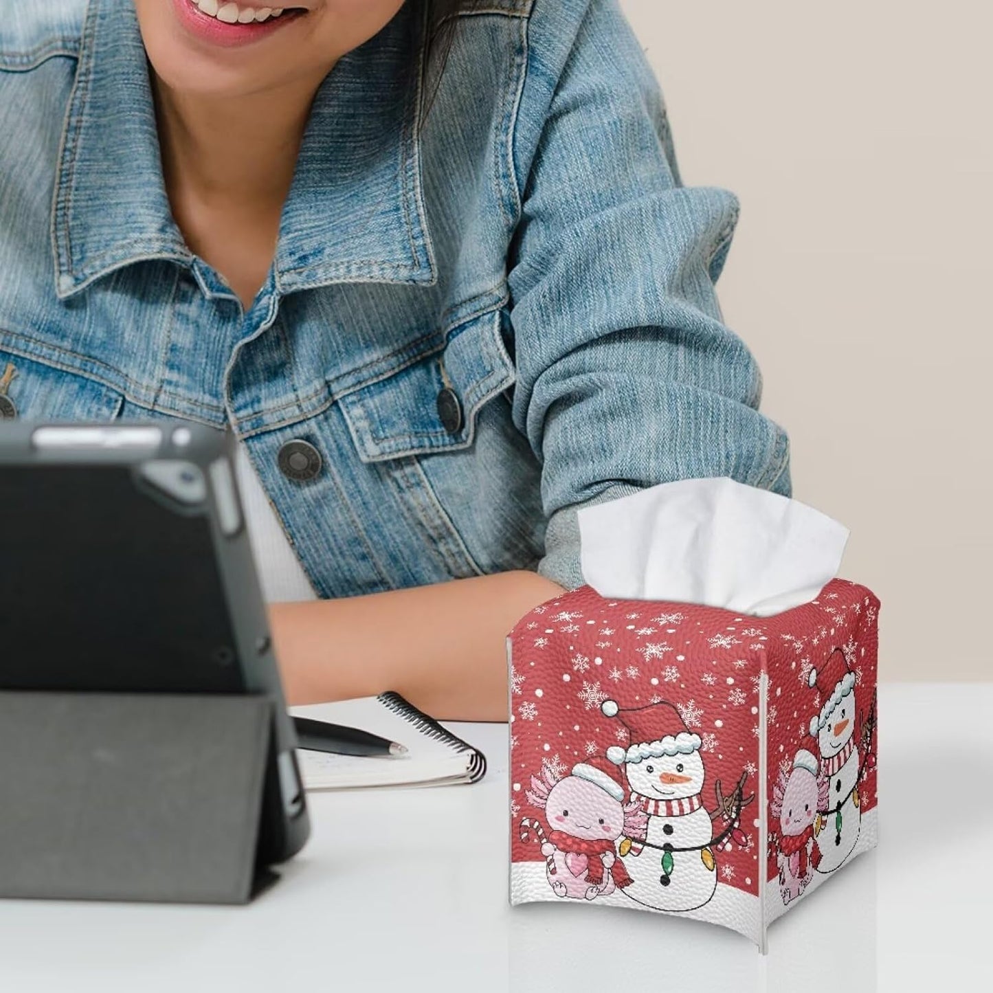 Red Christmas Tissue Box Cover PU Leather Tissue Box Holder with Snowman & Axolotl Pattern 5x5x5 inch Waterproof Protective Cover for Home Car Office Hotel Decor
